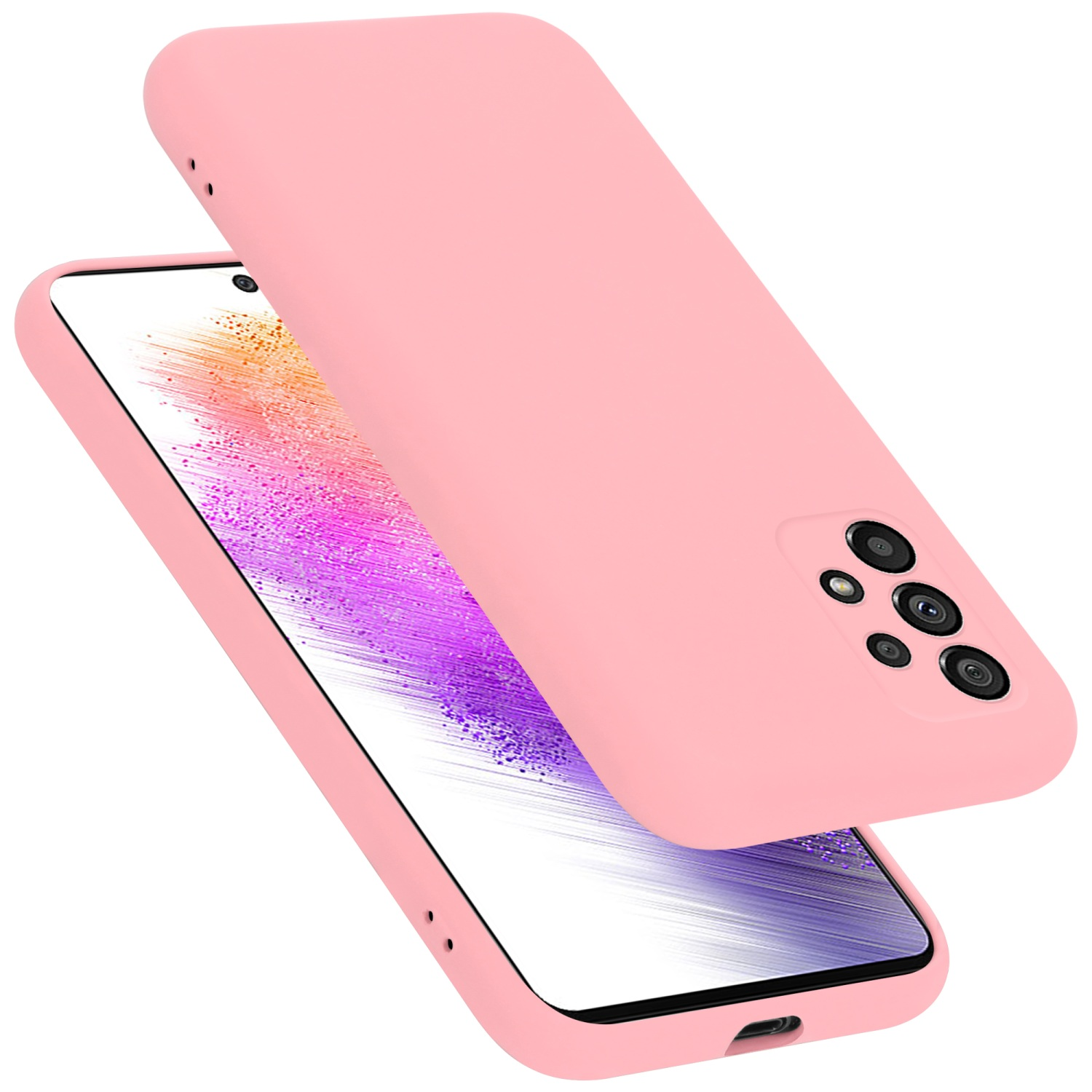 Rosa Handyhülle mit Handy. Zweite Hülle dahinter. Weißer Hintergrund.