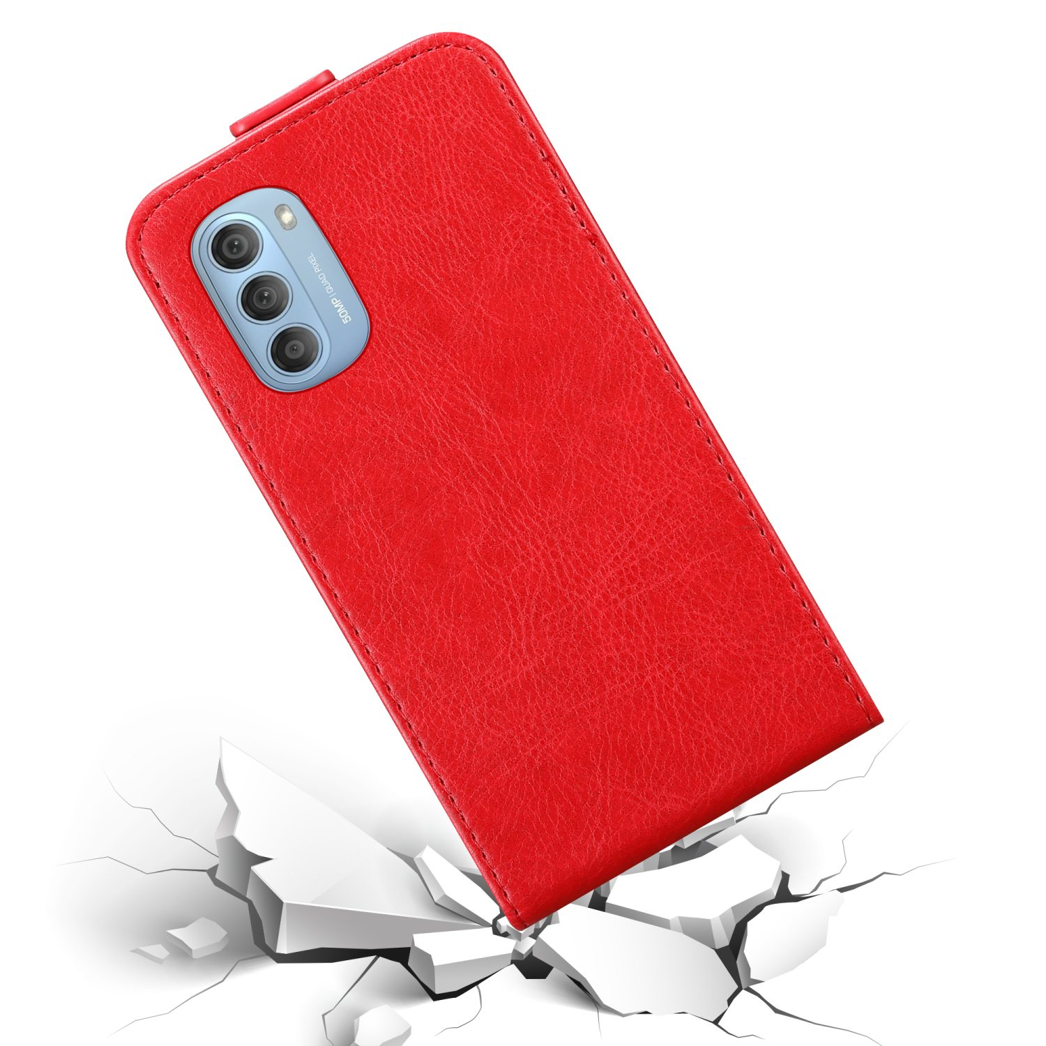 Custodia rossa che cade su una superficie rotta. Il telefono è nella custodia.