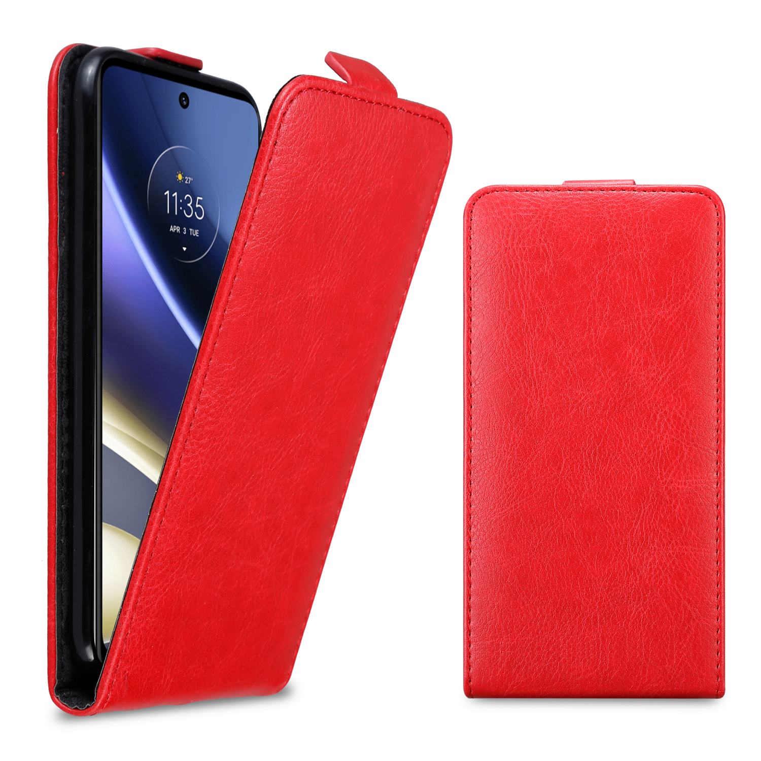 Una custodia rossa per telefono, con un telefono all'interno, con una cover a ribalta.