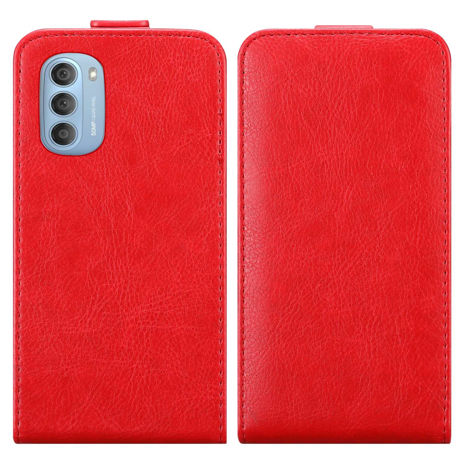 Custodia per telefono rossa. Vista aperta e chiusa. La custodia ha l'aspetto della pelle. Nessun telefono visibile.