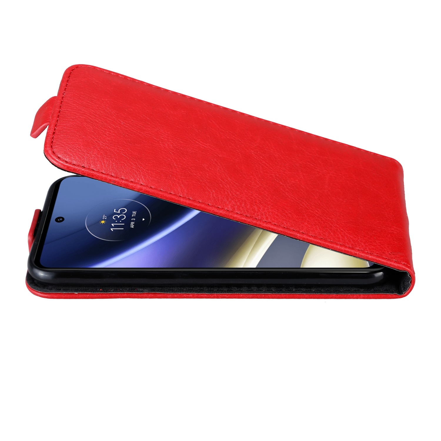 Custodia per telefono rossa con telefono all'interno. La custodia è aperta, rivelando lo schermo.