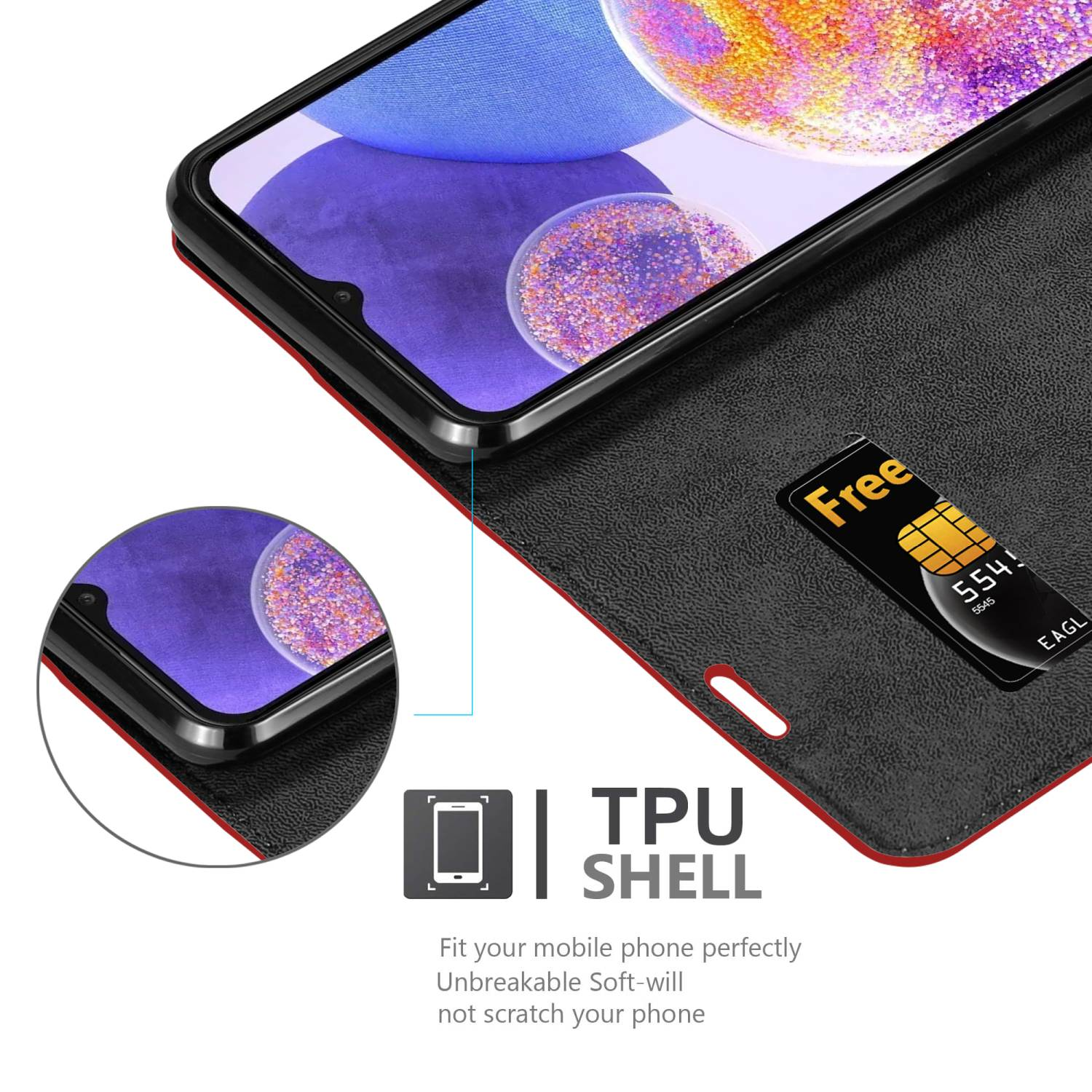 Telefono in una custodia a portafoglio foderata di rosso. Telefono nero all'interno, con fessura per carte di credito.