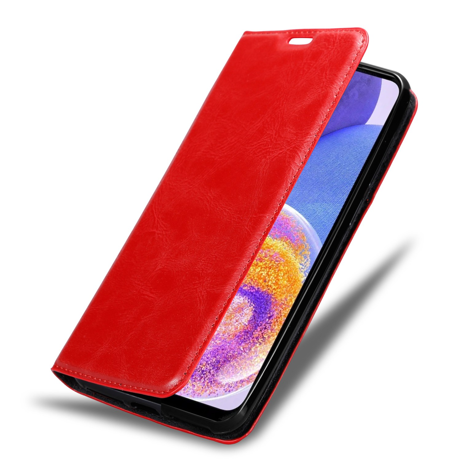 Custodia per telefono rossa aperta, telefono all'interno. Lo schermo mostra un'immagine colorata. La custodia è rossa.