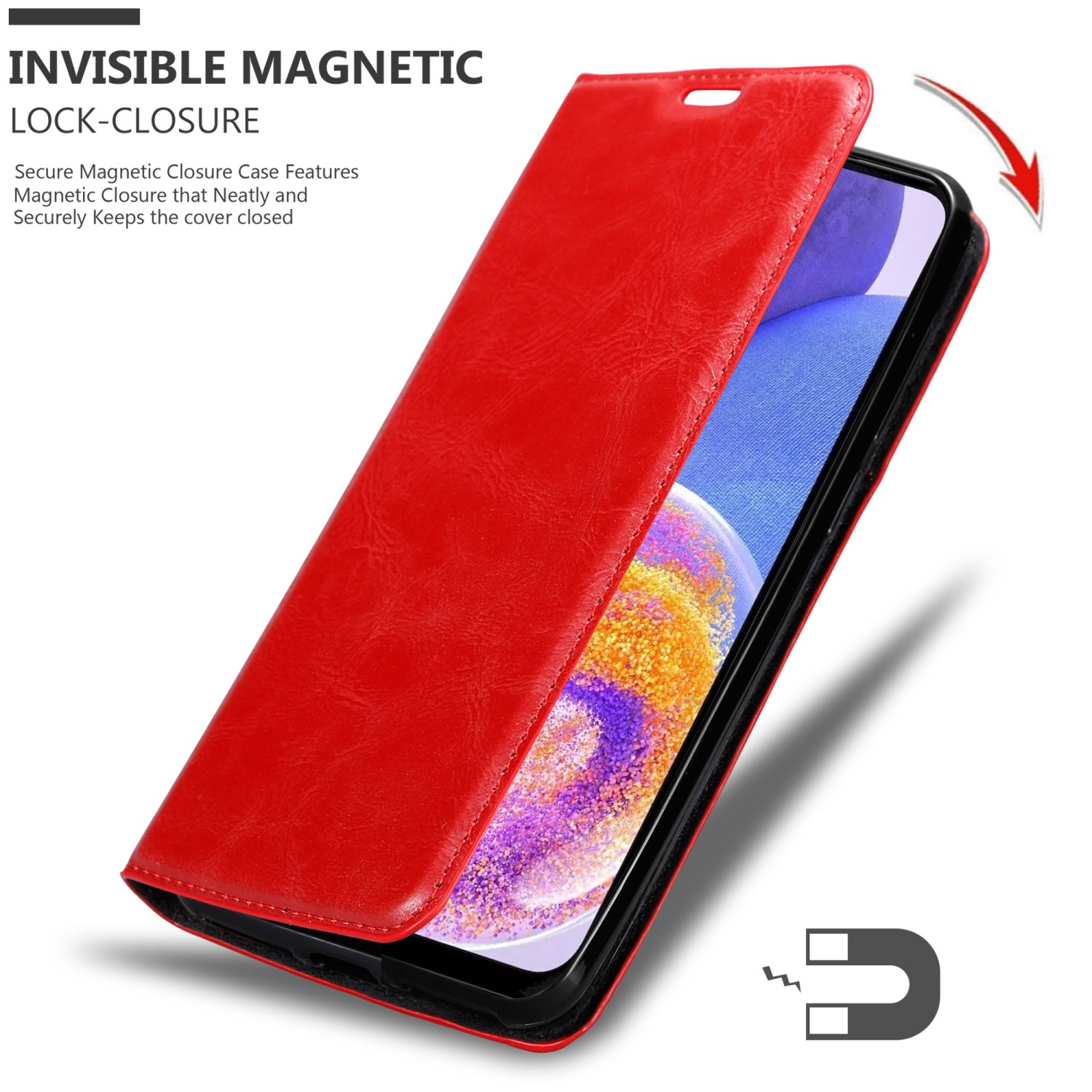 Custodia rossa con chiusura magnetica. Telefono visibile all'interno. Illustrazione della chiusura magnetica.