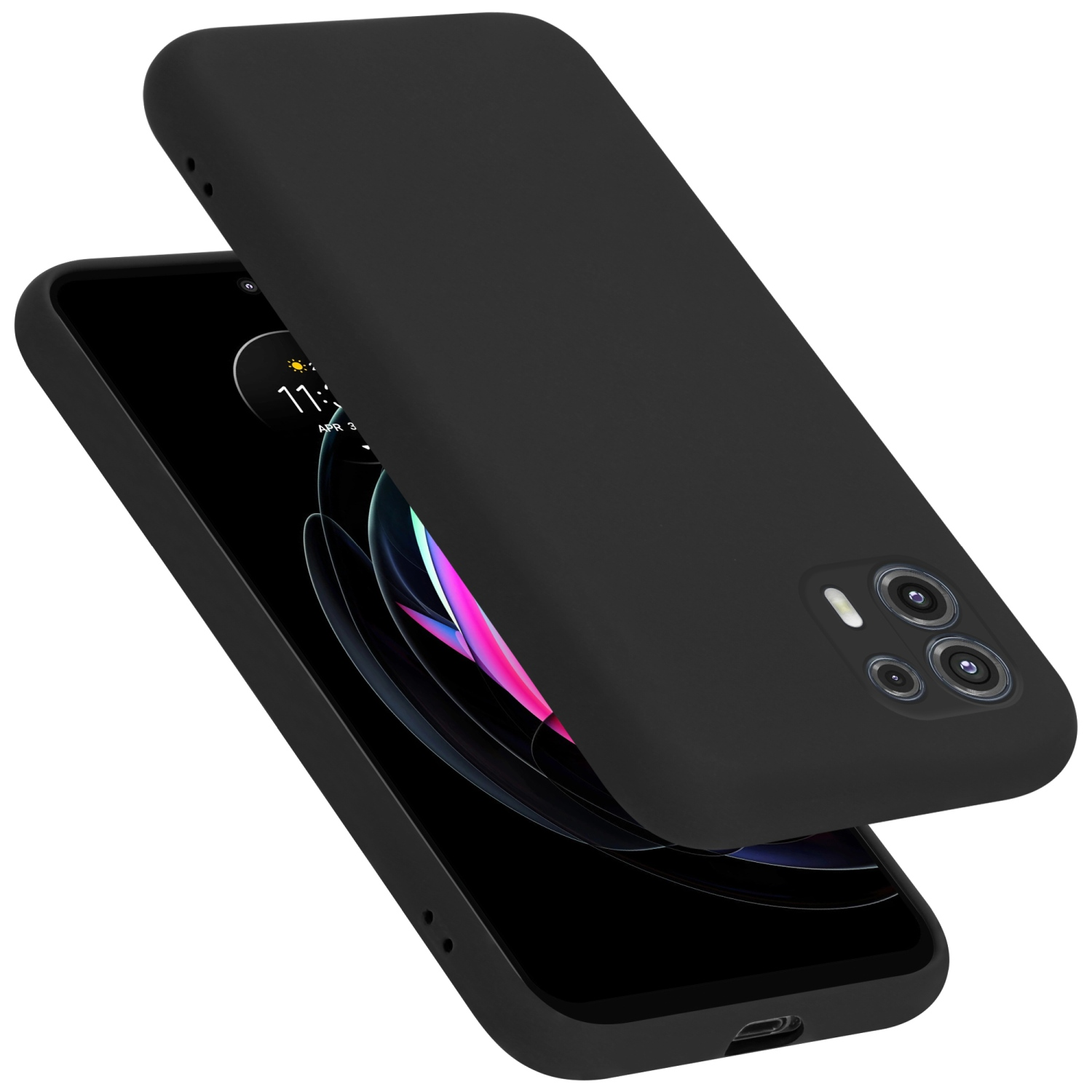 Schwarzes Telefon und Handyhülle. Telefon abgewinkelt, Hülle oben. Weißer Hintergrund.