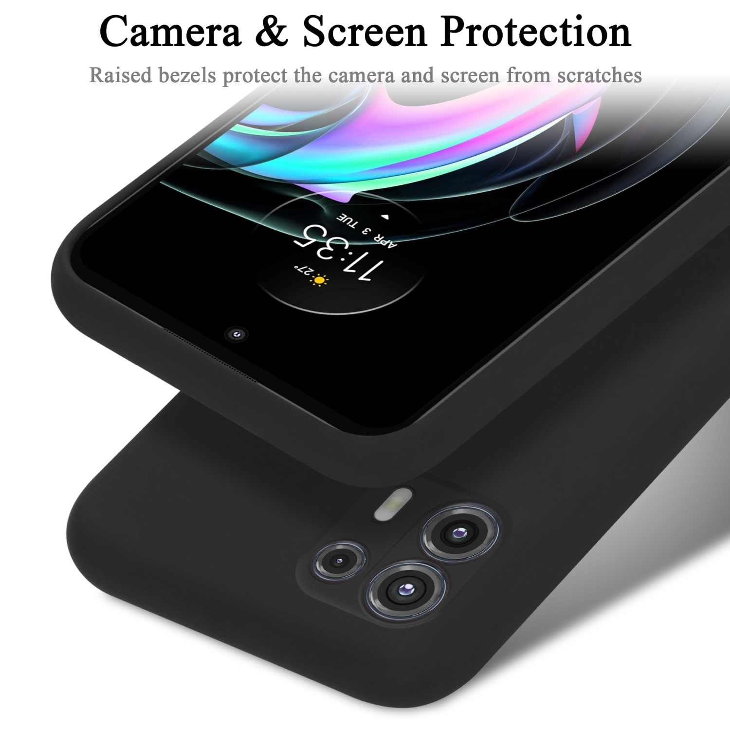 Schwarze Handyhülle mit einem Telefon oben drauf. Text: Kamera- und Bildschirmschutz.