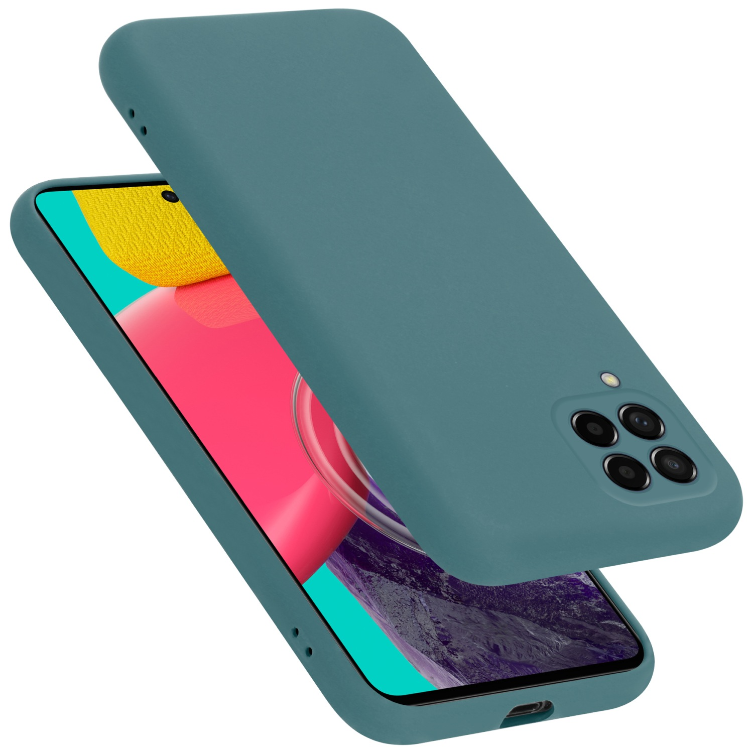 Türkisfarbene Handyhülle auf einem Telefon, mit leicht geöffneter Hülle. Der Bildschirm hat pinkes und gelbes Design.