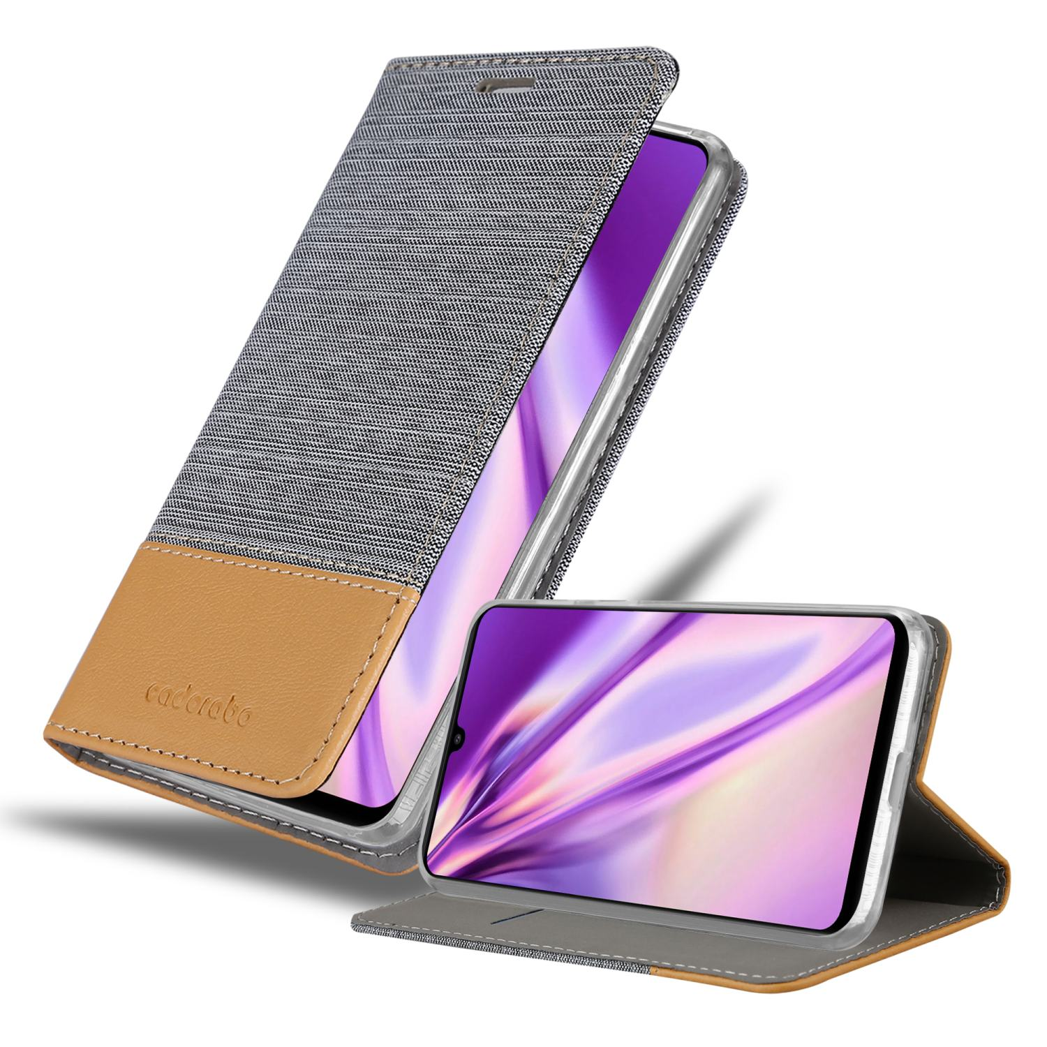 Ein Telefon in einer Hülle, vorne und hinten. Die Hülle ist grau und braun. Der Telefonbildschirm ist sichtbar.