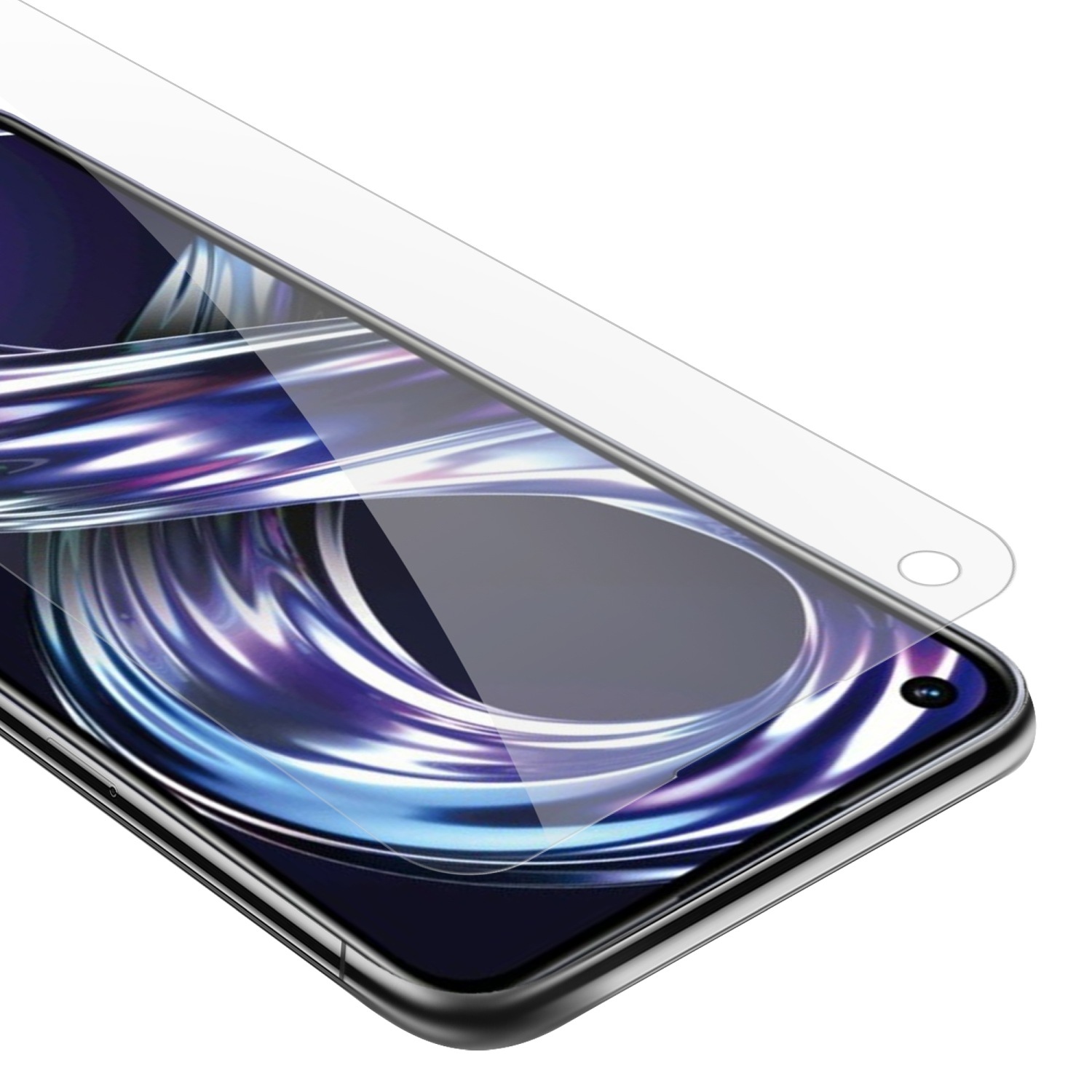 Schermo del telefono con protezione applicata. La protezione è trasparente. Fotocamera del telefono visibile.