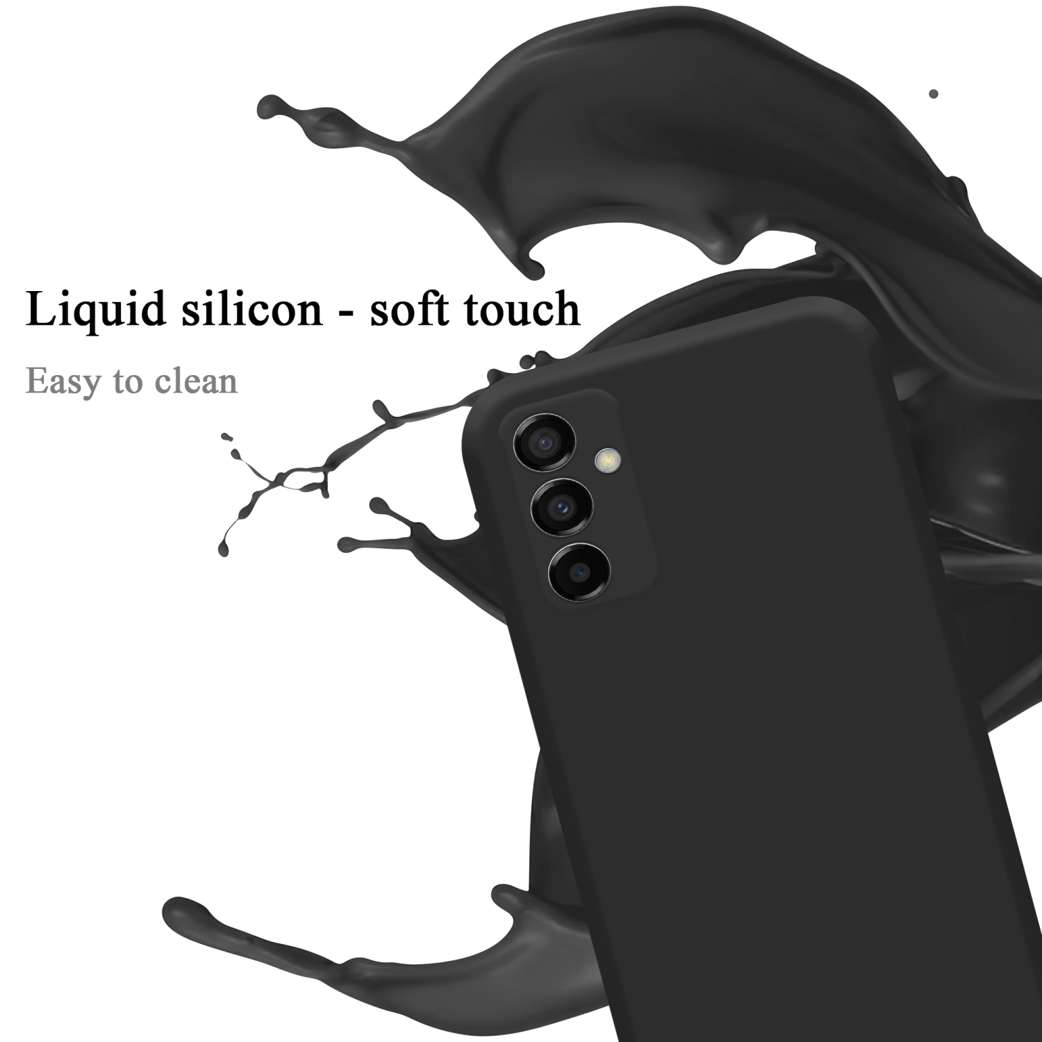 Custodia per telefono nera con un telefono. Testo: silicone liquido - tocco morbido è visibile.