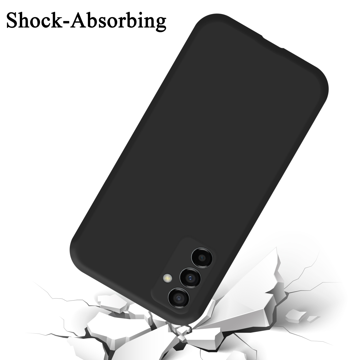 Una custodia per telefono nera. Testo: Antishock. La custodia del telefono sta cadendo su un terreno incrinato.