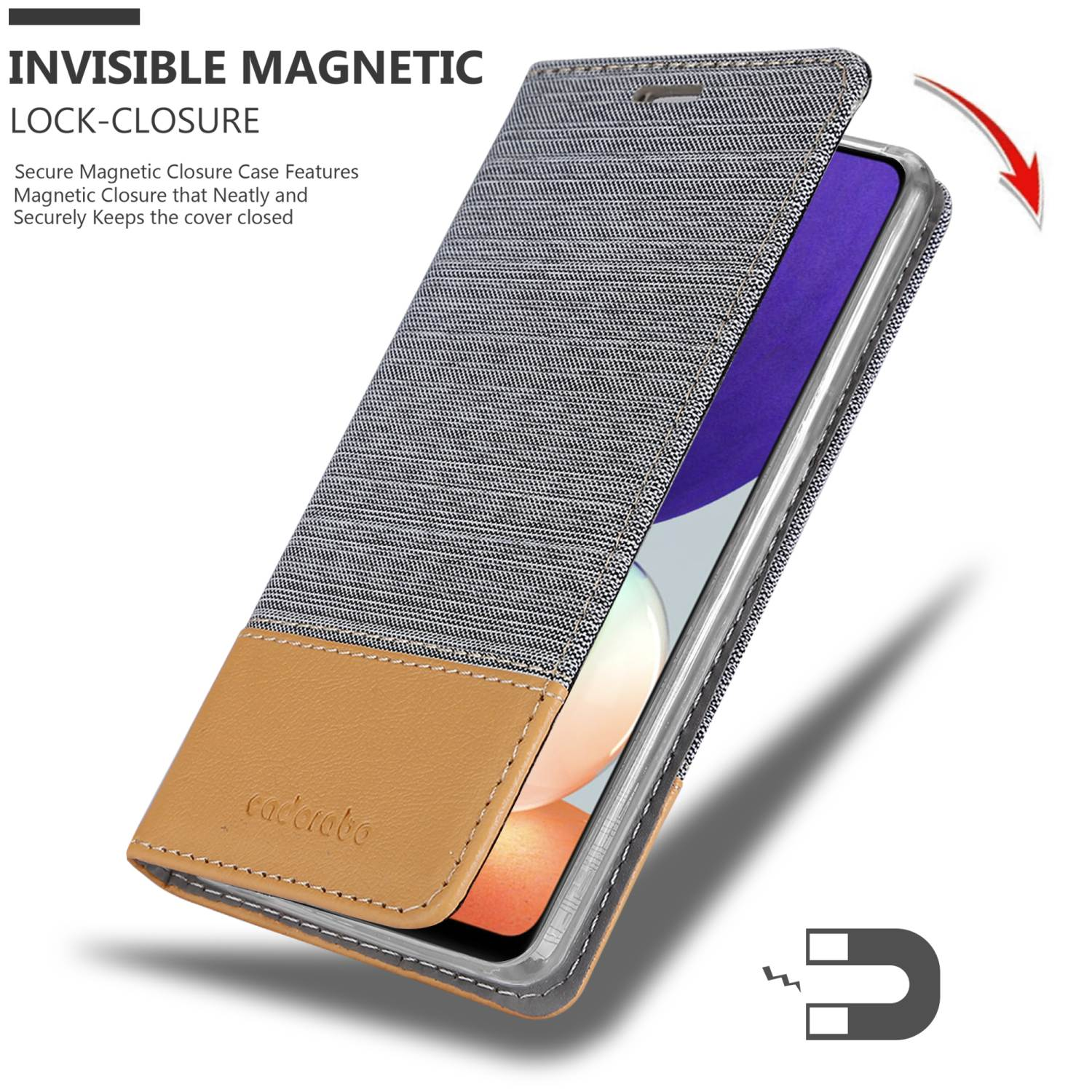 Eine Handyhülle mit braunem und grauem Design, geöffnet, um ein Telefon zu zeigen. Ein Magnet ist in der Nähe abgebildet.