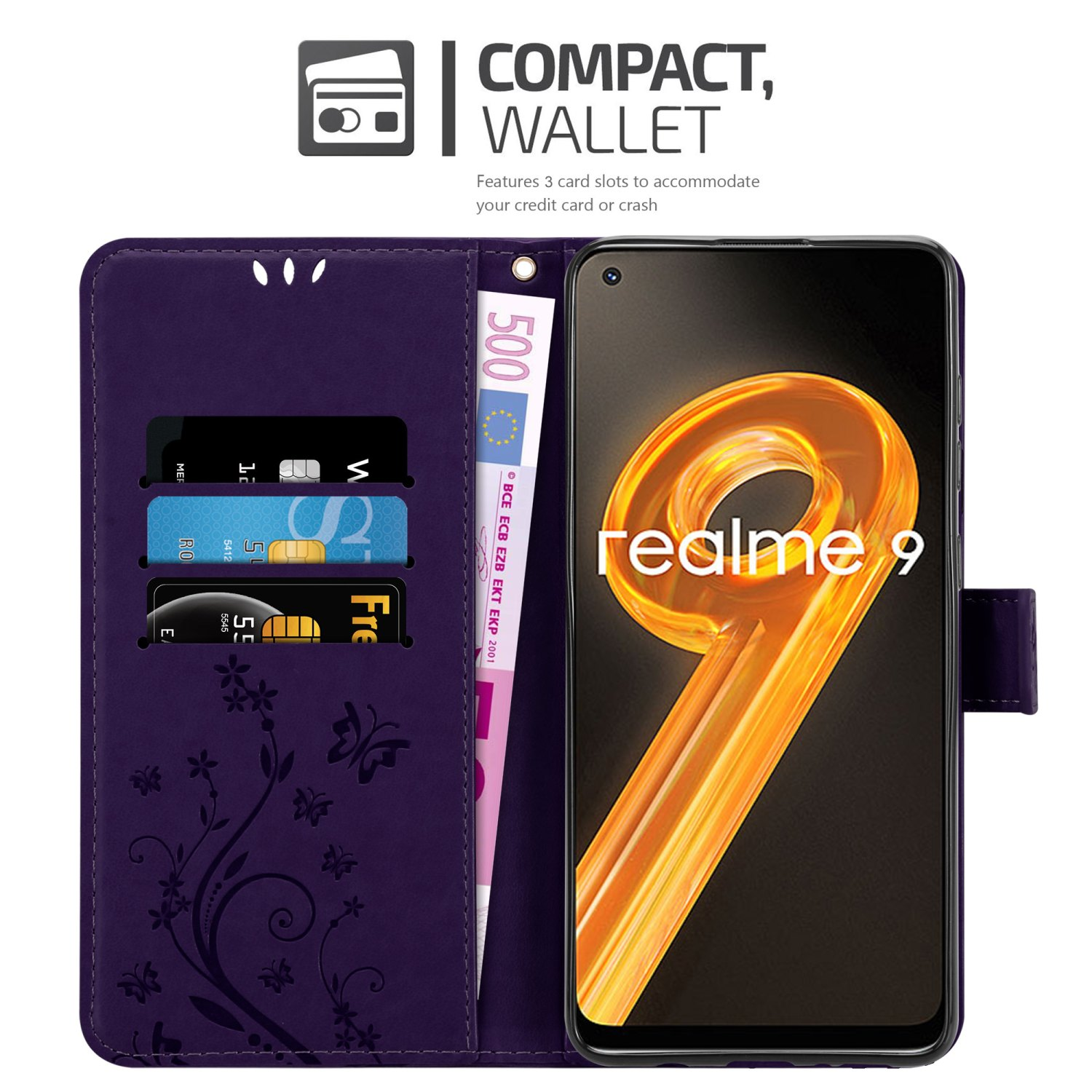 Custodia a portafoglio viola con telefono, carte di credito e denaro. Testo: Portafoglio Compatto.