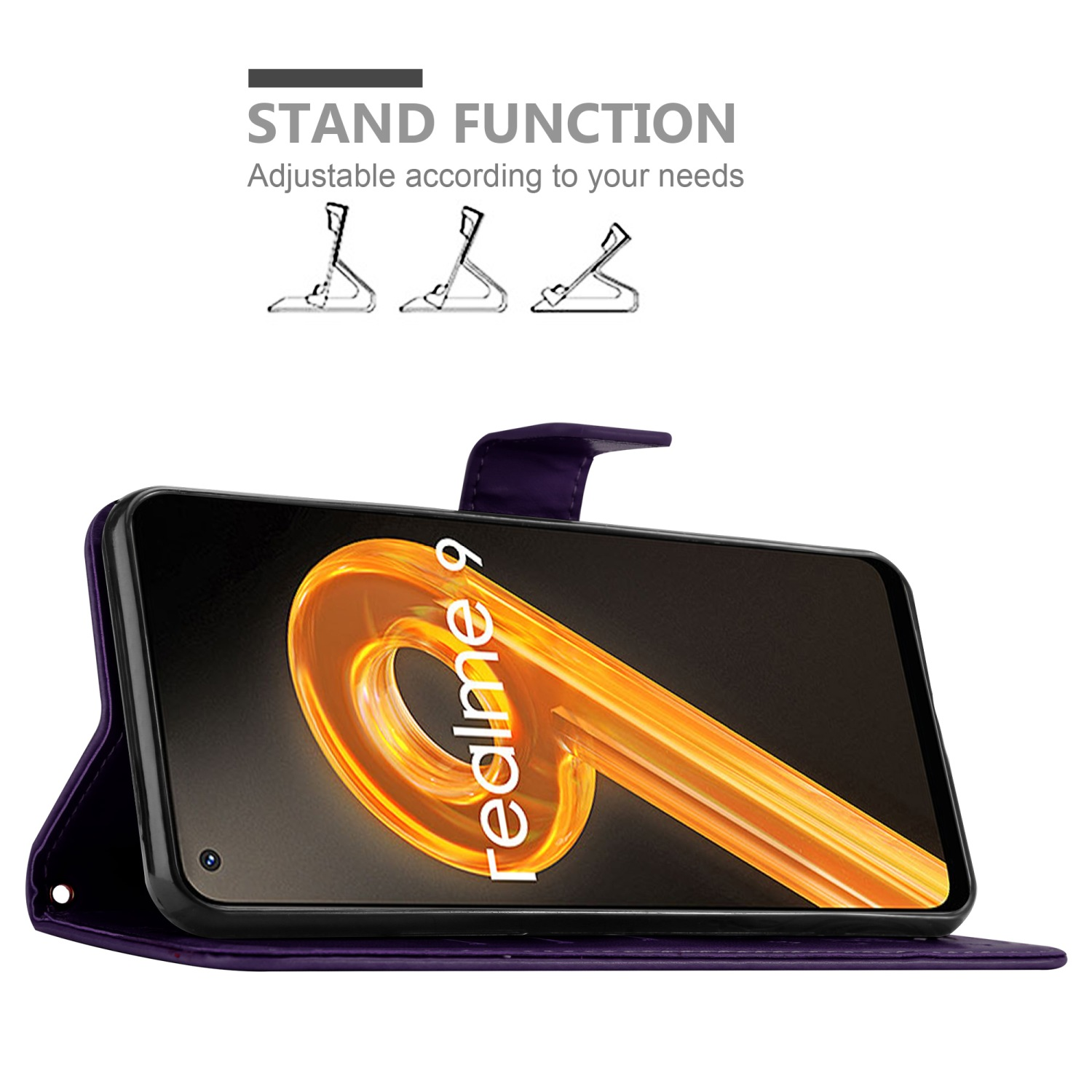 Custodia viola con telefono. Lo schermo mostra un motivo giallo e la scritta 'realme 9'.