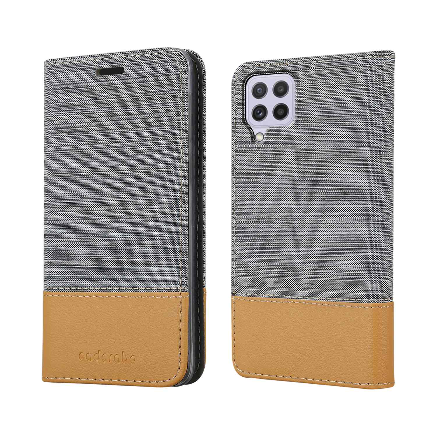 Eine Handyhülle mit grauem und beigefarbenem Design. Das Case ist offen und zeigt ein Telefon.