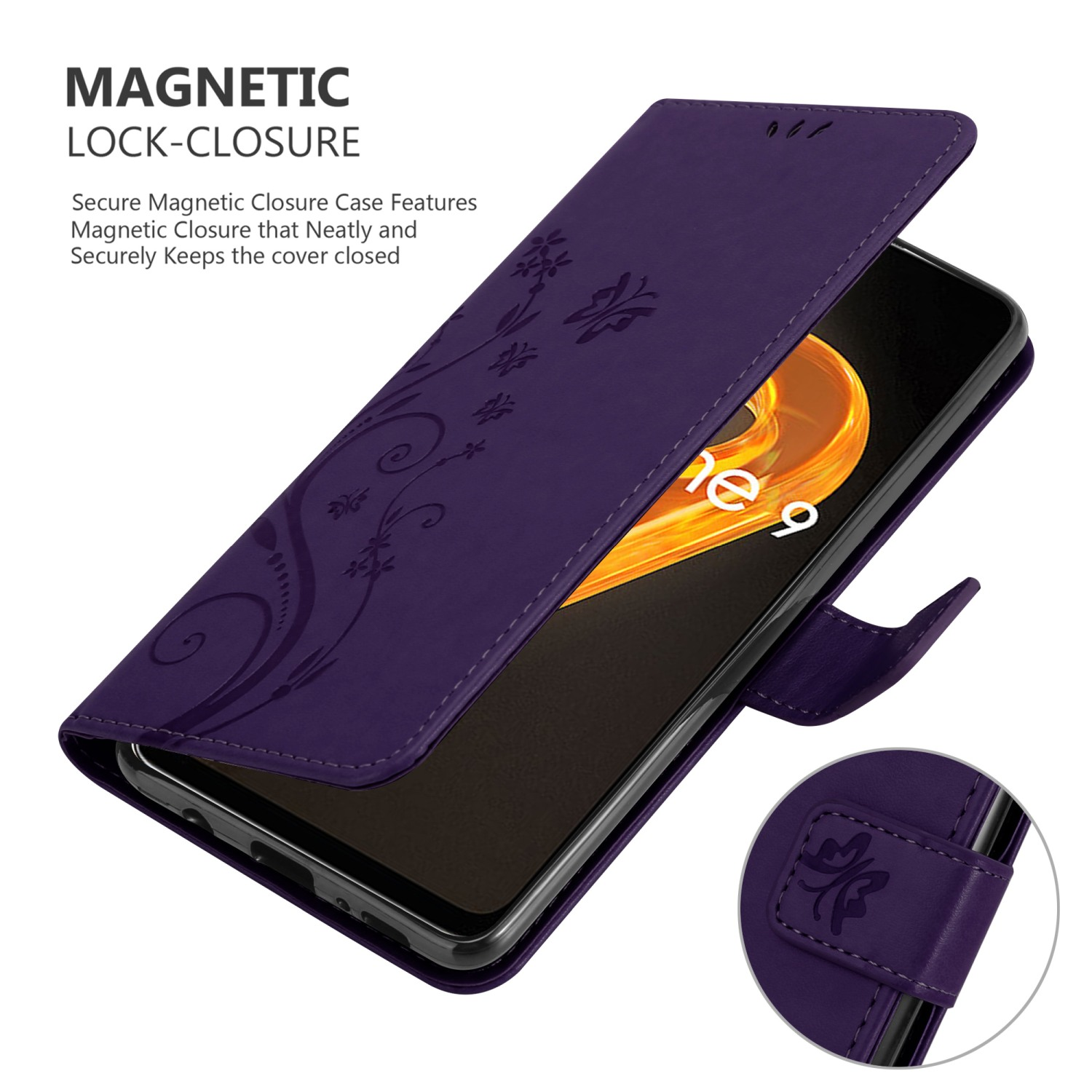 Custodia del telefono viola aperta. Schermo del telefono visibile. Dettaglio chiusura magnetica in basso a destra.