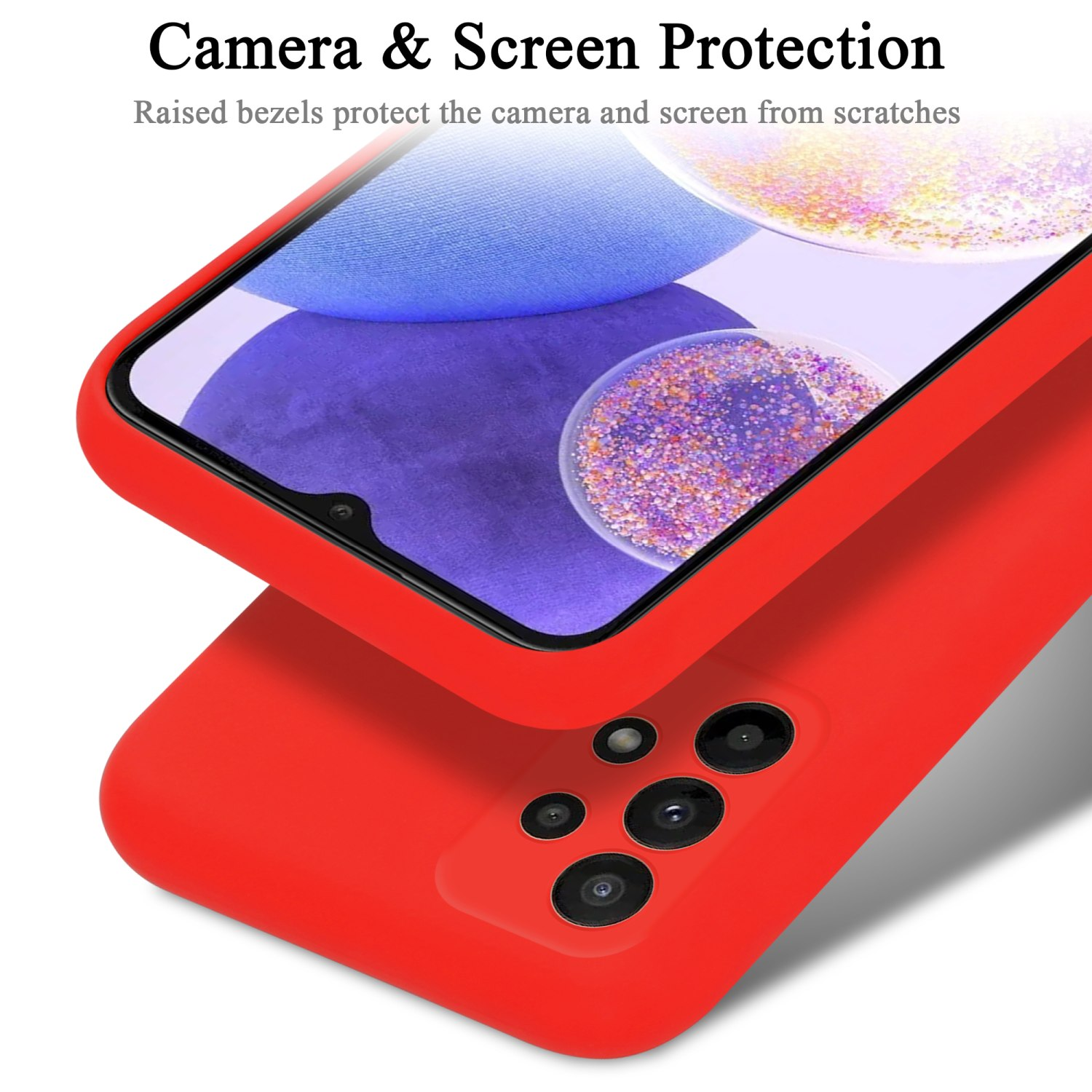 Una custodia per telefono rossa con un telefono all'interno, primo piano delle fotocamere.