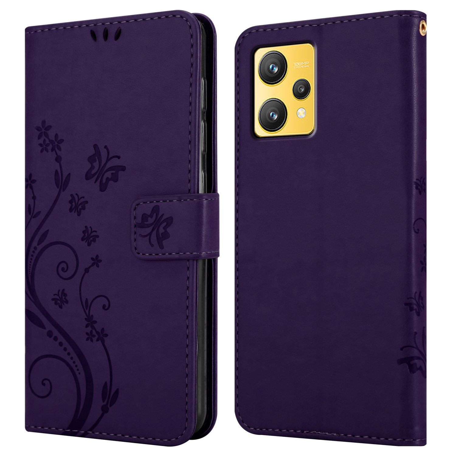 Custodia viola per telefono, con telefono all'interno. Focus sul design e i dettagli della fotocamera.