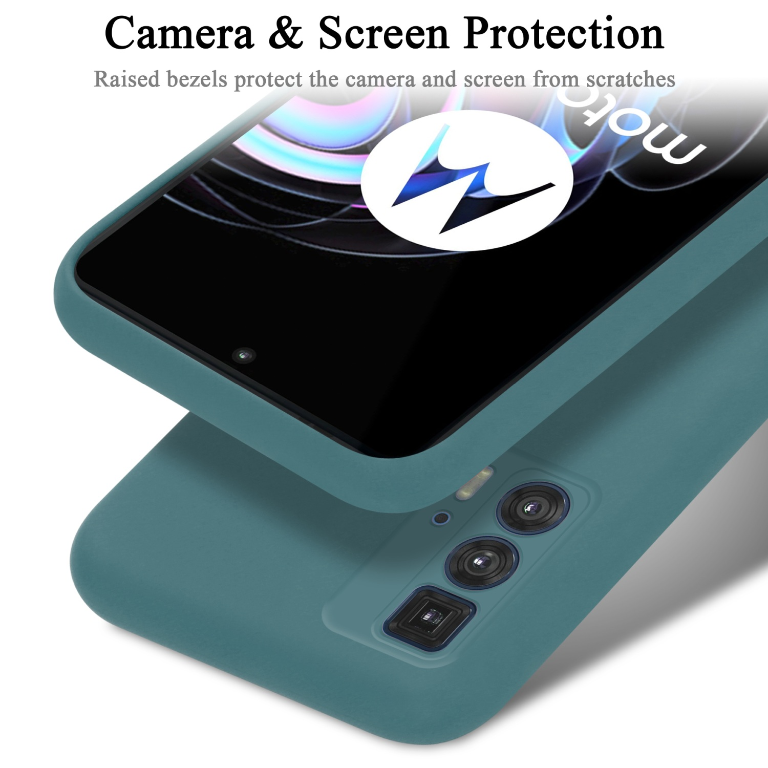 Custodia per telefono verde acqua con un telefono all'interno. I rilievi della fotocamera sono visibili. La custodia ha un logo.