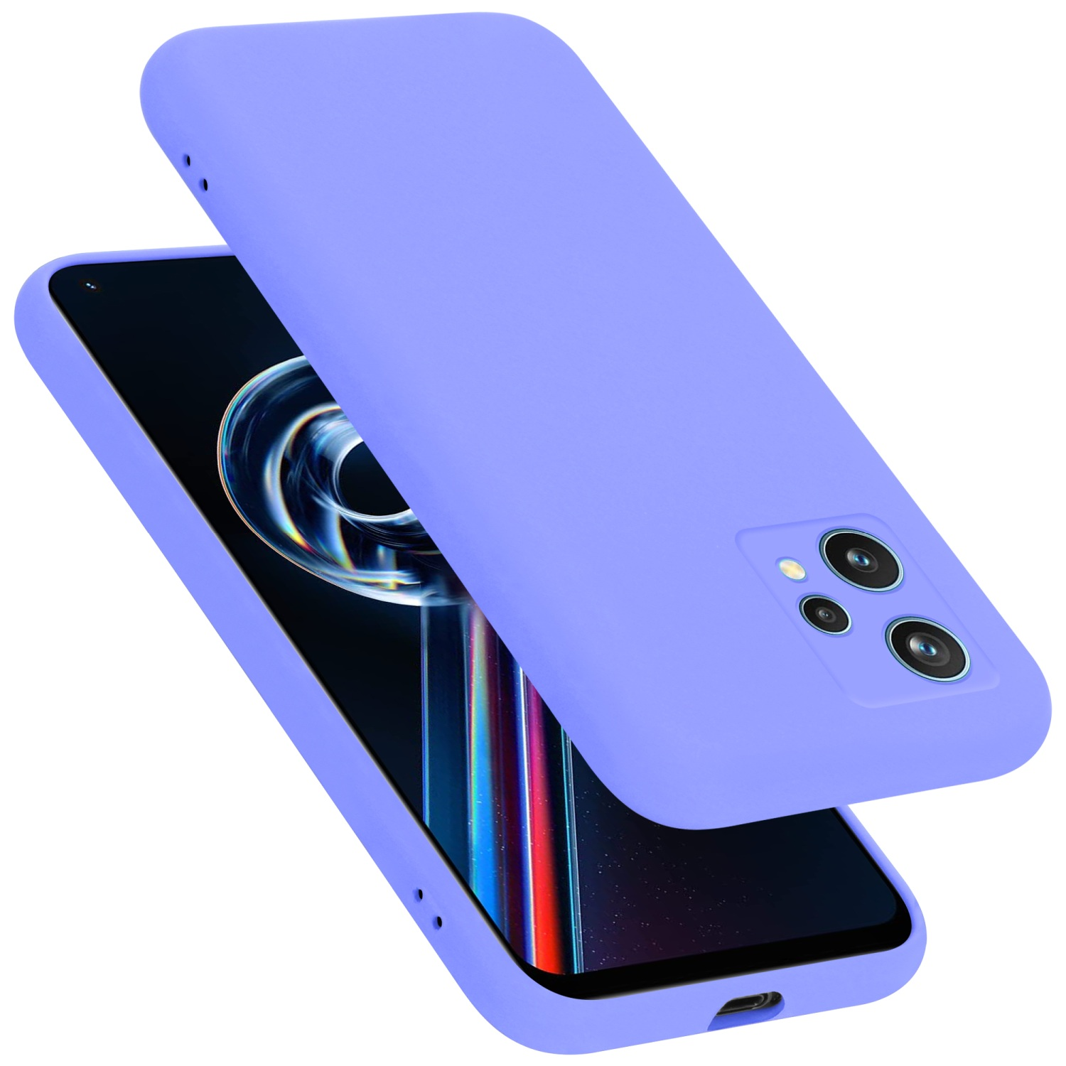 Lila Handyhülle mit einem Telefon darin, schräge Ansicht. Der Hintergrund ist weiß.