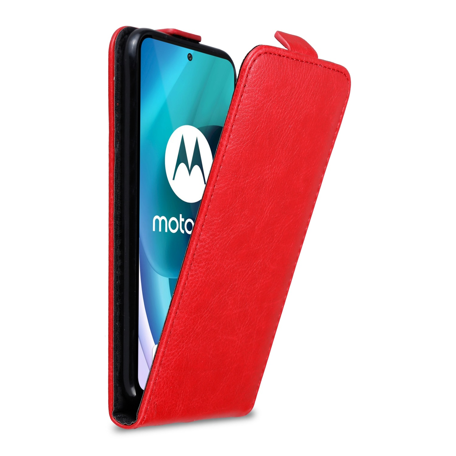 Custodia rossa per telefono, aperta per mostrare un telefono. Lo schermo del telefono è visibile.