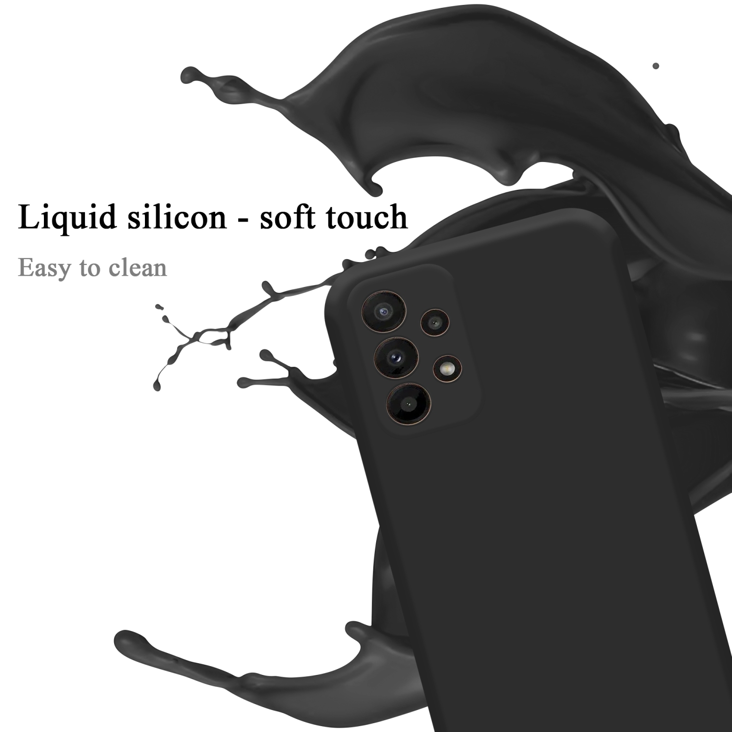 Una custodia per telefono nera con uno schizzo di liquido nero. Il telefono ha delle fotocamere.