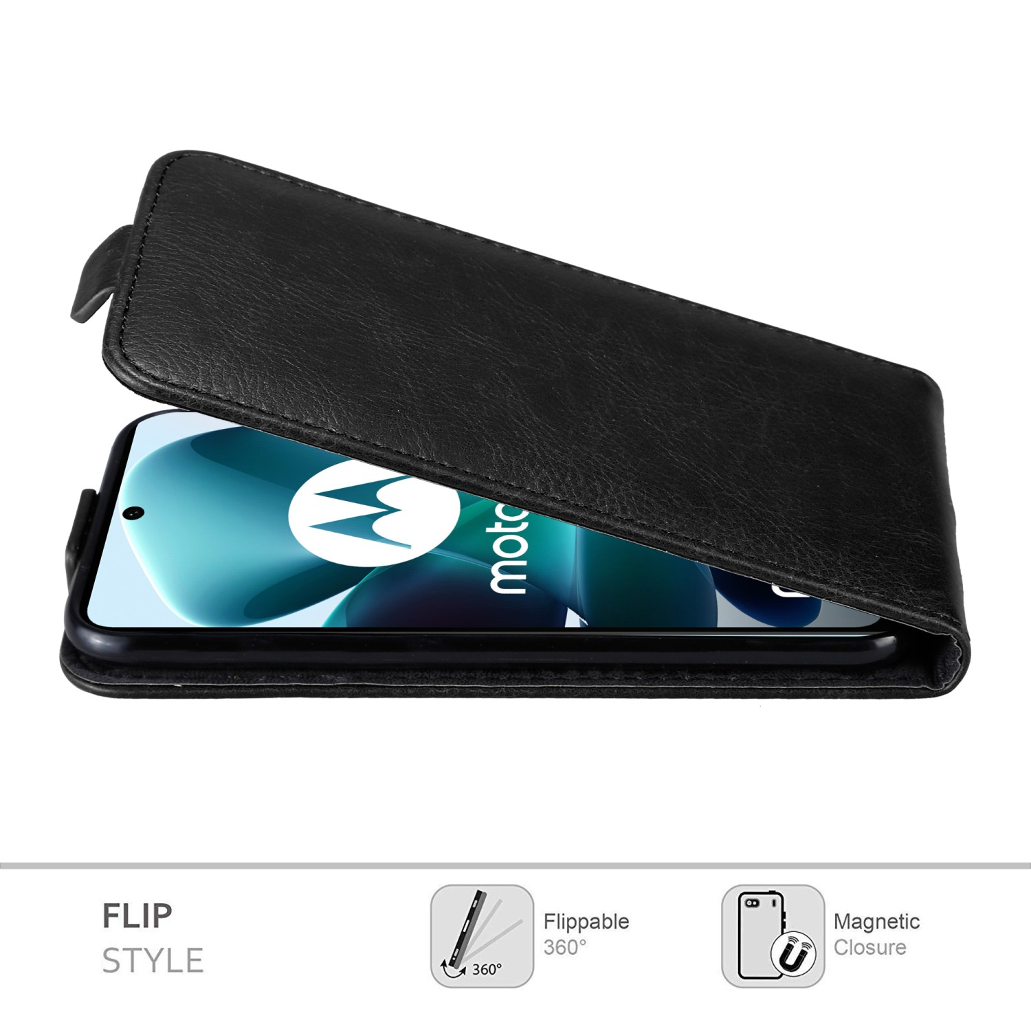 Una custodia nera per telefono aperta, che rivela il telefono. Testo: 'Flip Style'.