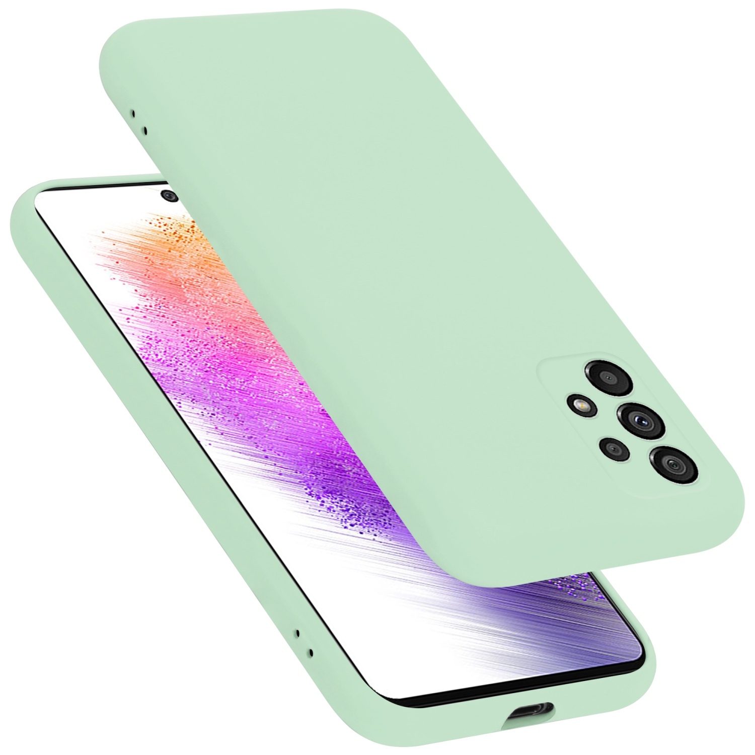 Grüne Handyhülle mit Telefon. Das Telefon befindet sich in der Hülle. Eine andere Hülle ist dahinter.