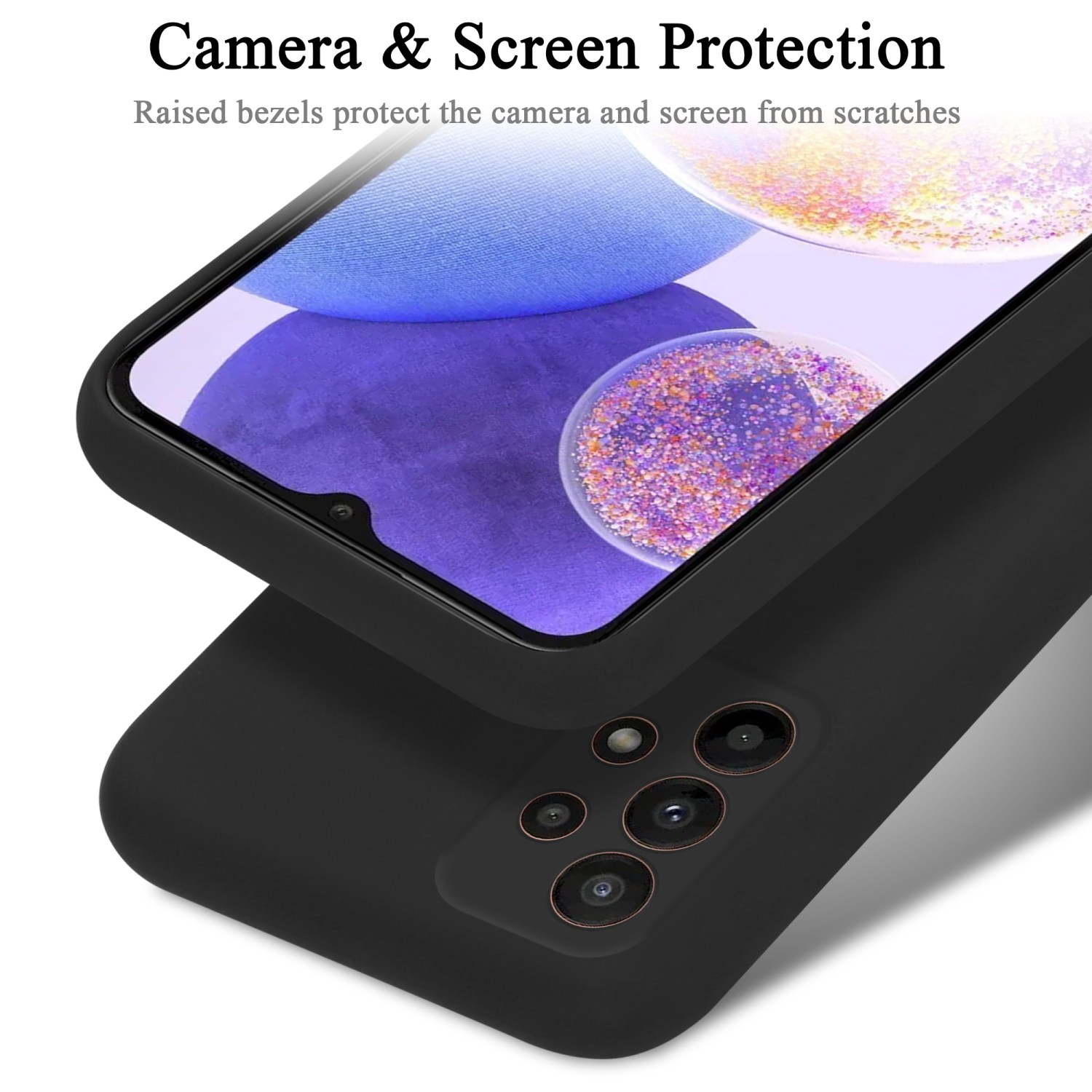 Custodia nera per telefono con un telefono all'interno. La parte posteriore del telefono è visibile con le lenti della fotocamera.