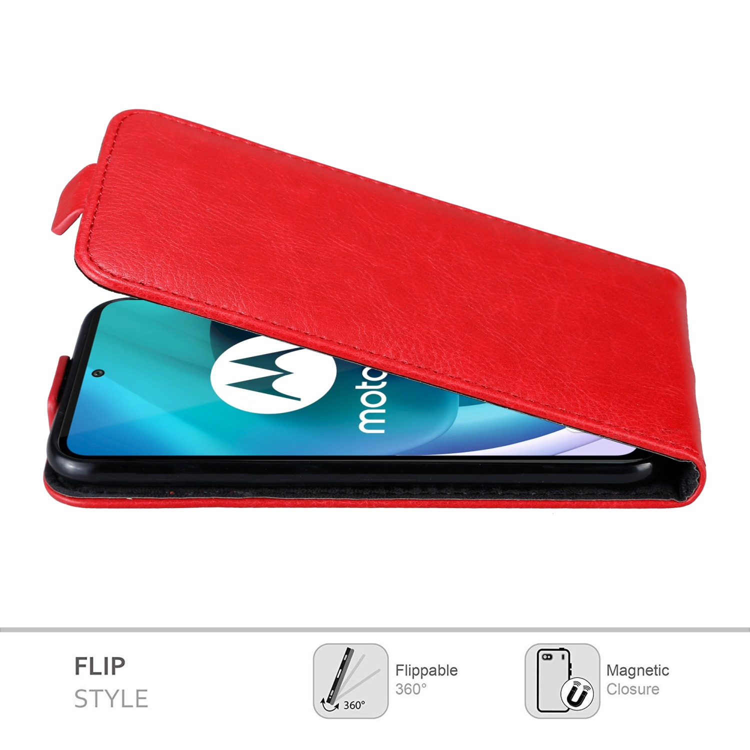 Una custodia per telefono rossa in stile flip. La custodia è aperta e lo schermo del telefono è visibile.