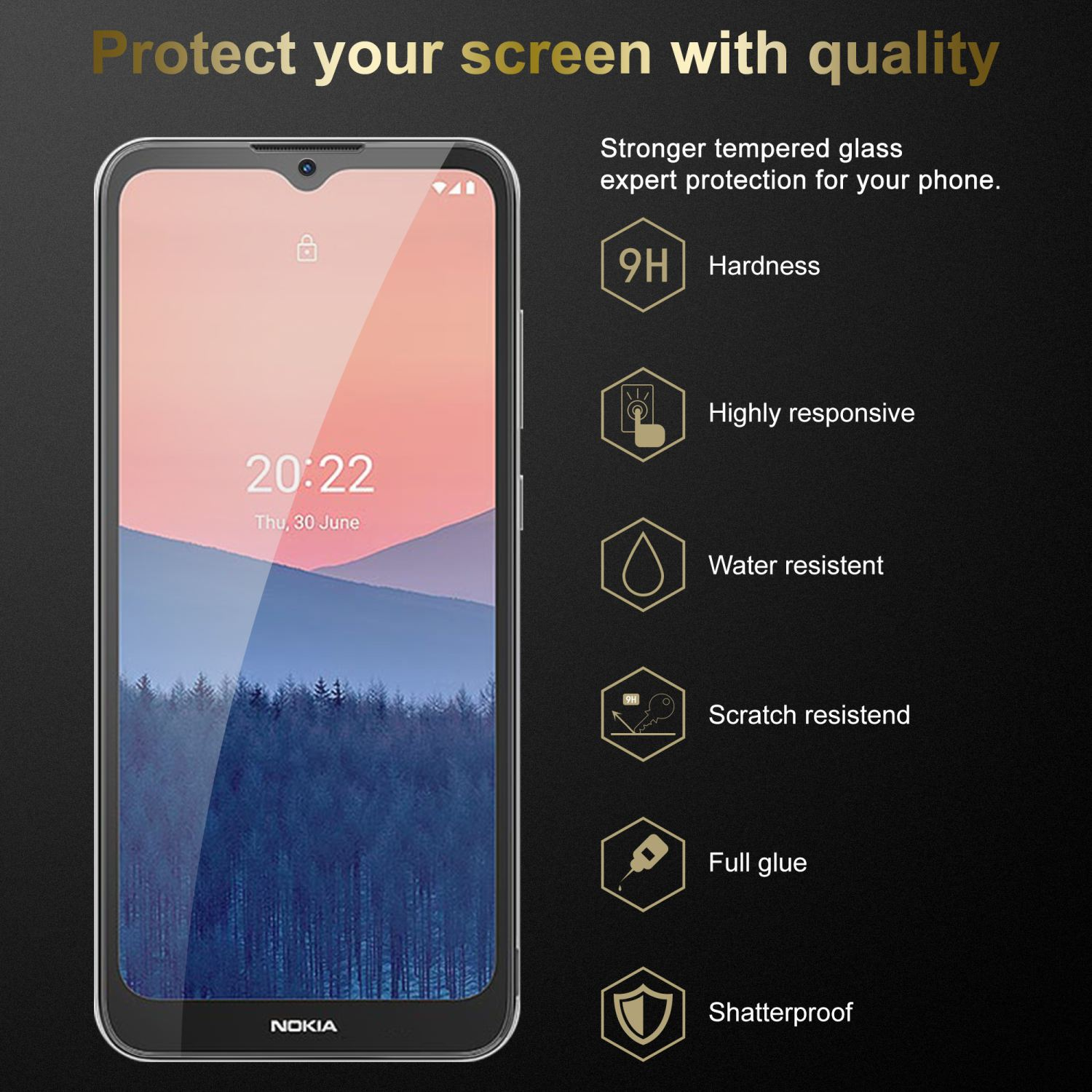 Telefono Nokia con protezione schermo. Le caratteristiche sono evidenziate. Vetro protettivo su sfondo nero.