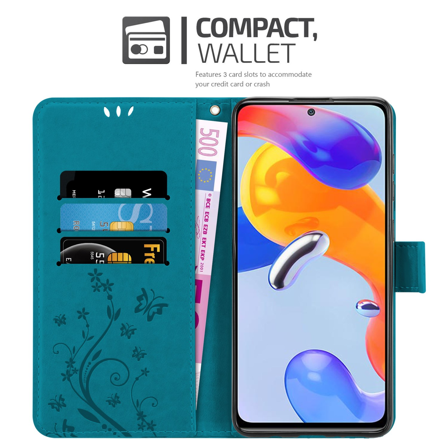 Custodia per telefono verde acqua con telefono e carte. Testo in alto: COMPACT, WALLET.