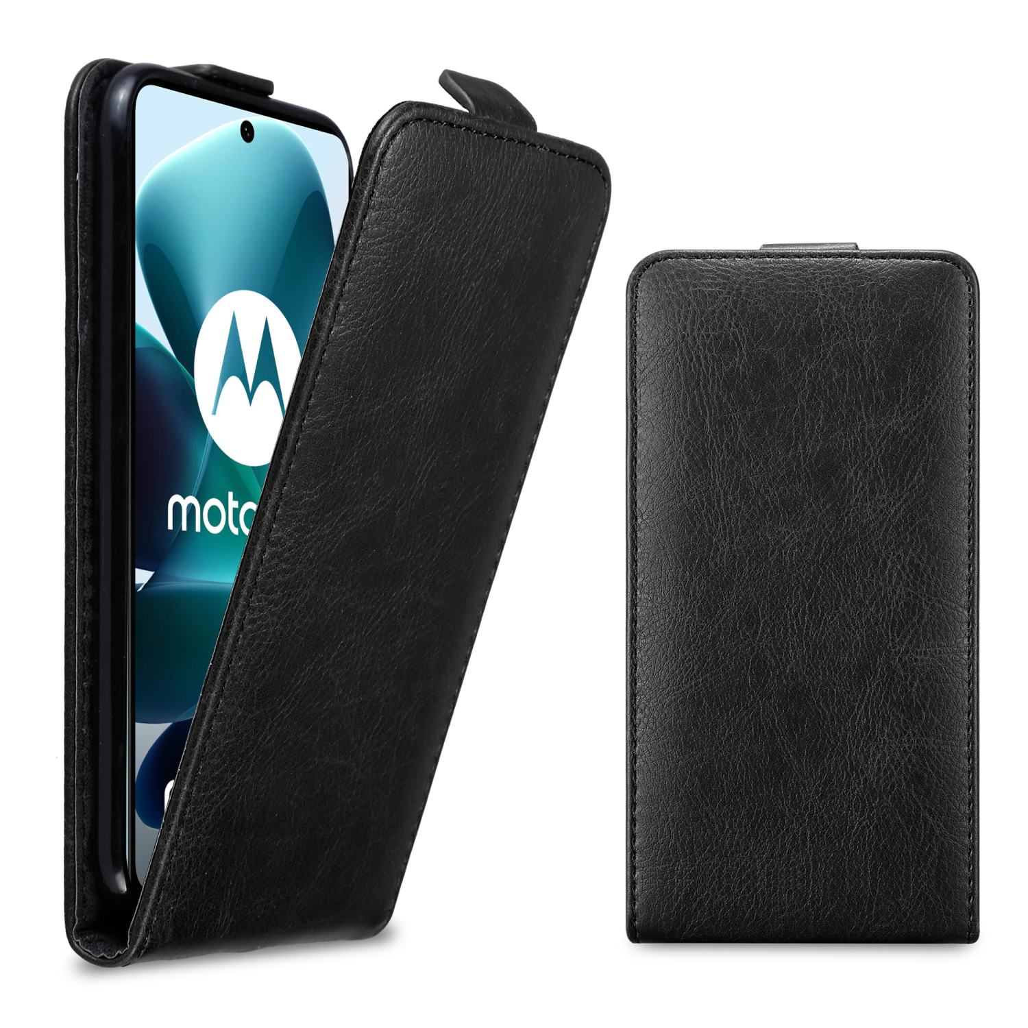 Custodia nera per telefono aperta, che mostra un telefono all'interno, con il logo Motorola.