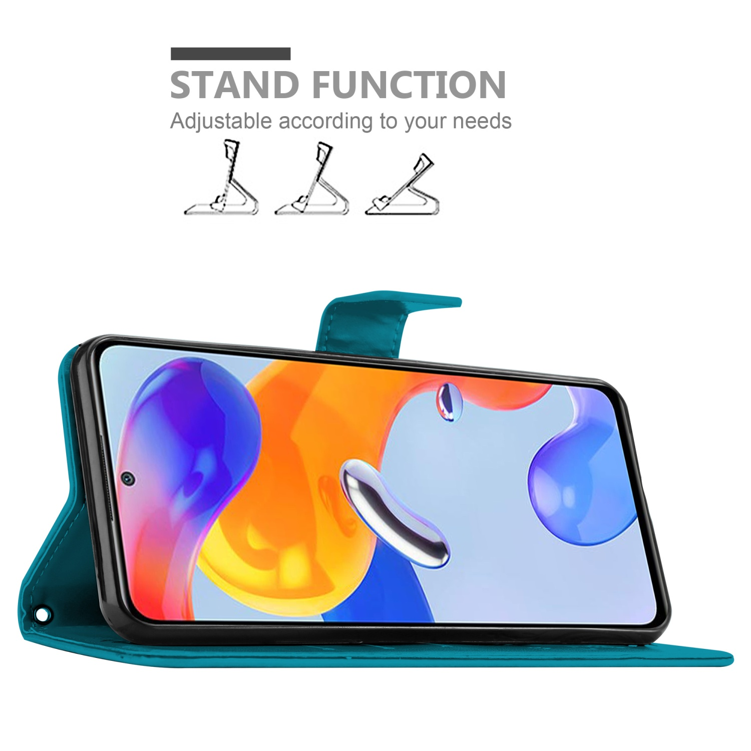 Un telefono in una custodia color turchese, aperto per mostrare lo schermo, la custodia ha una funzione di supporto.