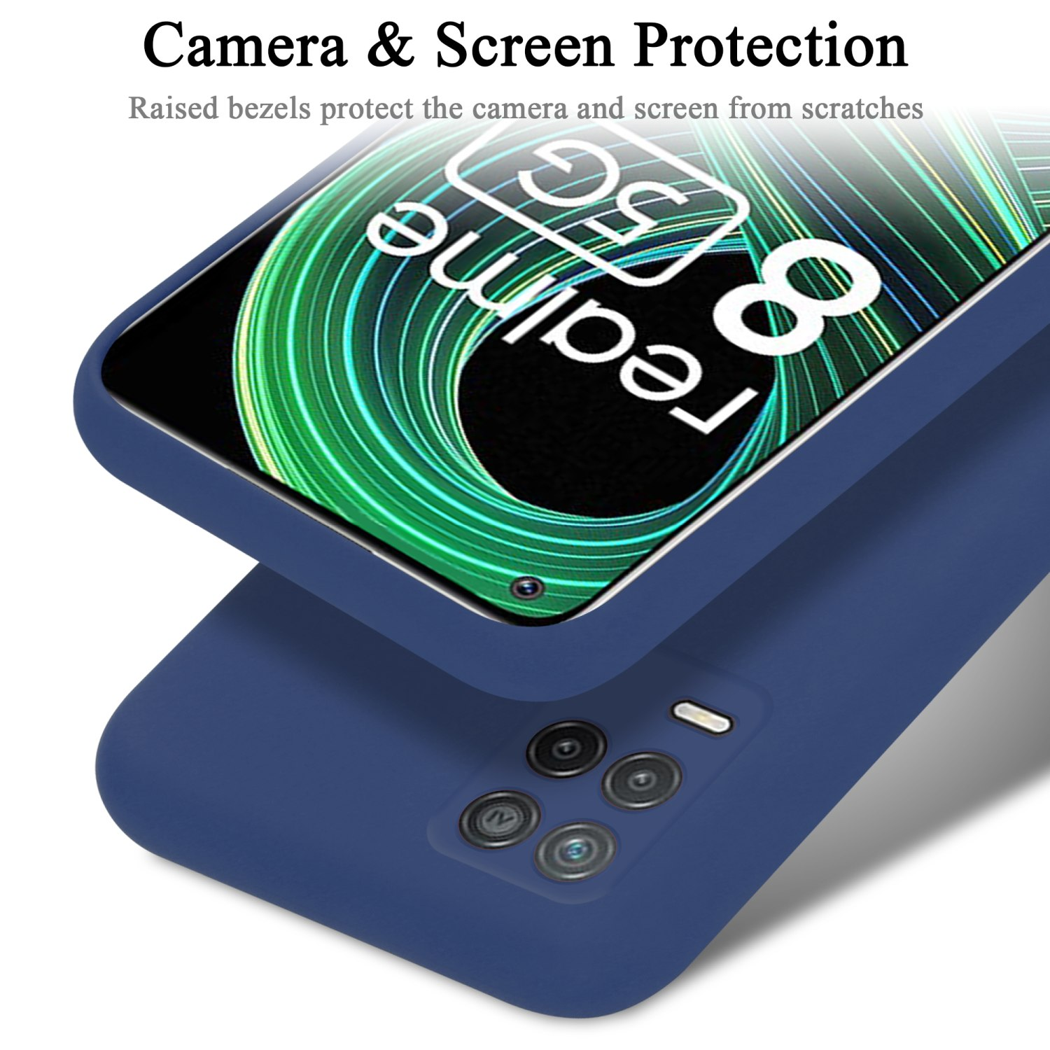 Custodia per telefono blu scuro con un telefono all'interno. La custodia protegge fotocamera e schermo. Il telefono mostra un logo.