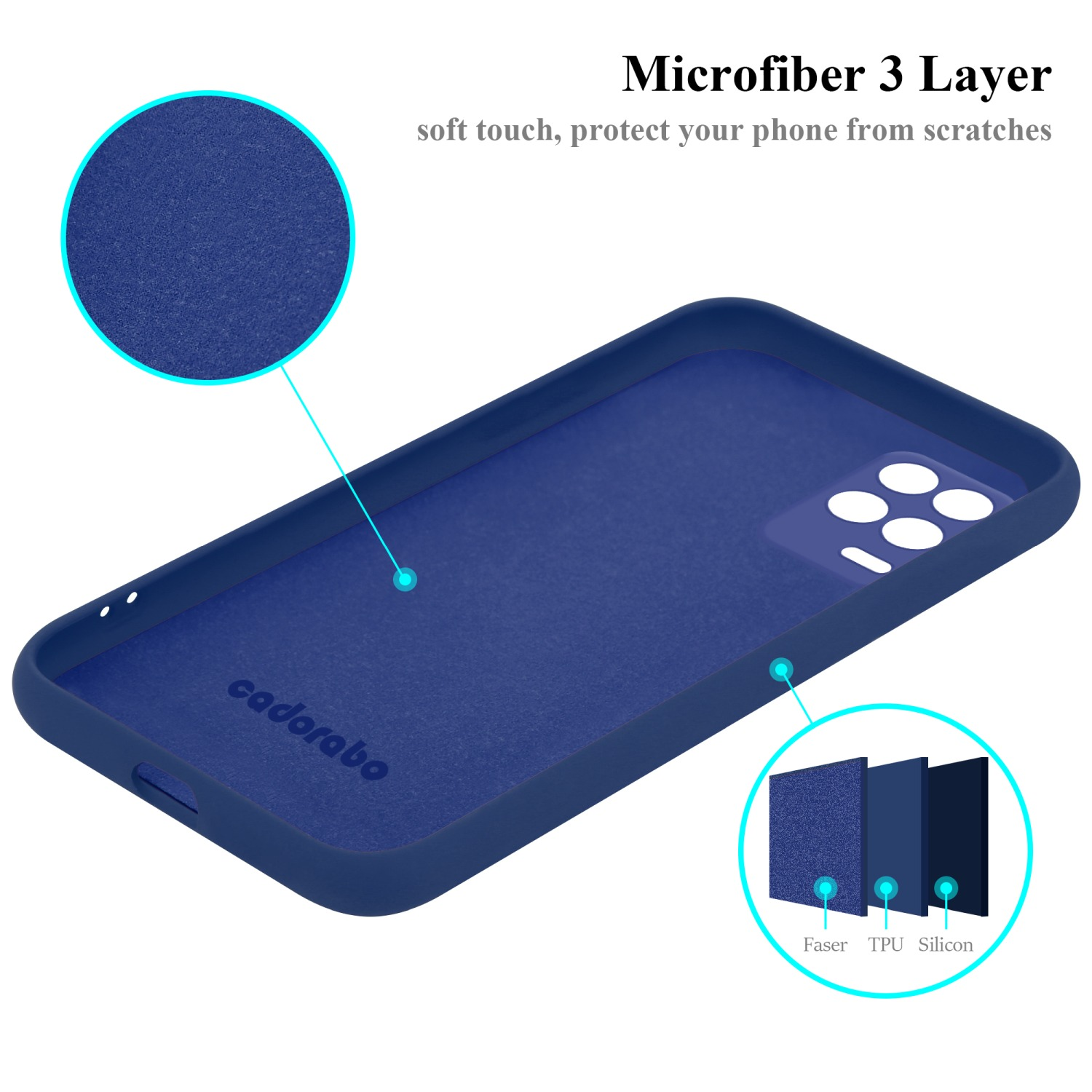 Interno della custodia blu, che mostra un microfibra a 3 strati con testo.