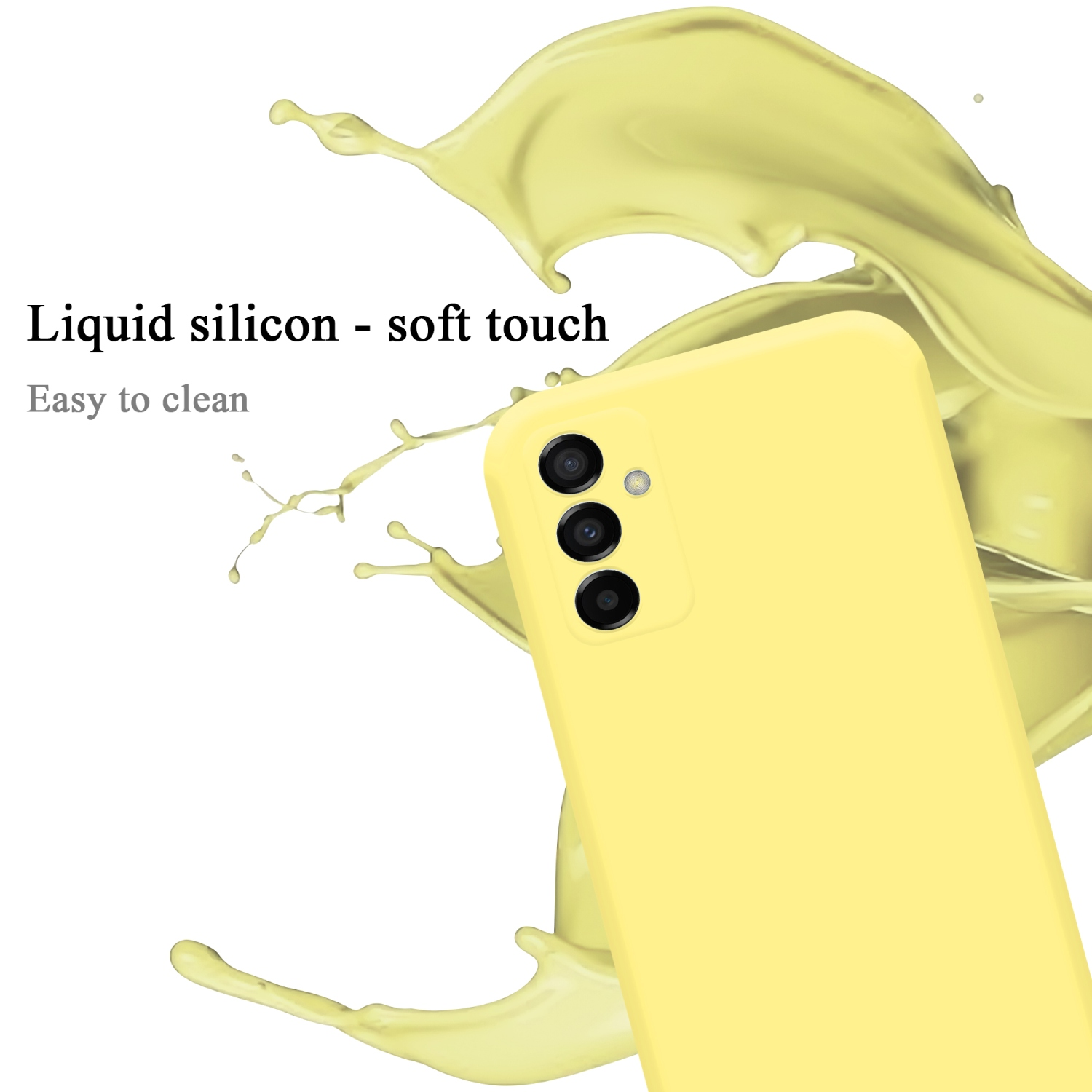 Custodia per telefono gialla con tre obiettivi della fotocamera. Testo: Silicone liquido - tocco morbido. Facile da pulire.
