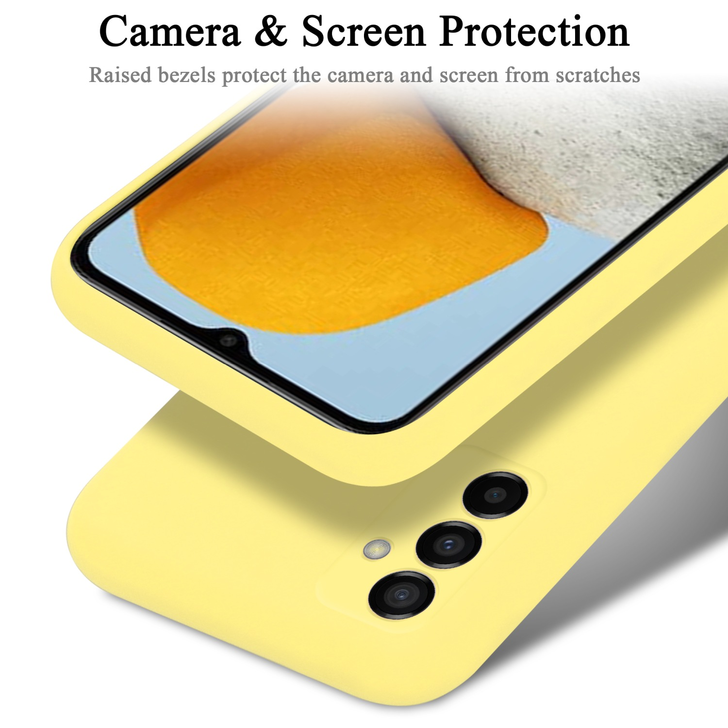 Primo piano di una custodia per telefono gialla che protegge un telefono, con dettagli di protezione della fotocamera e dello schermo.