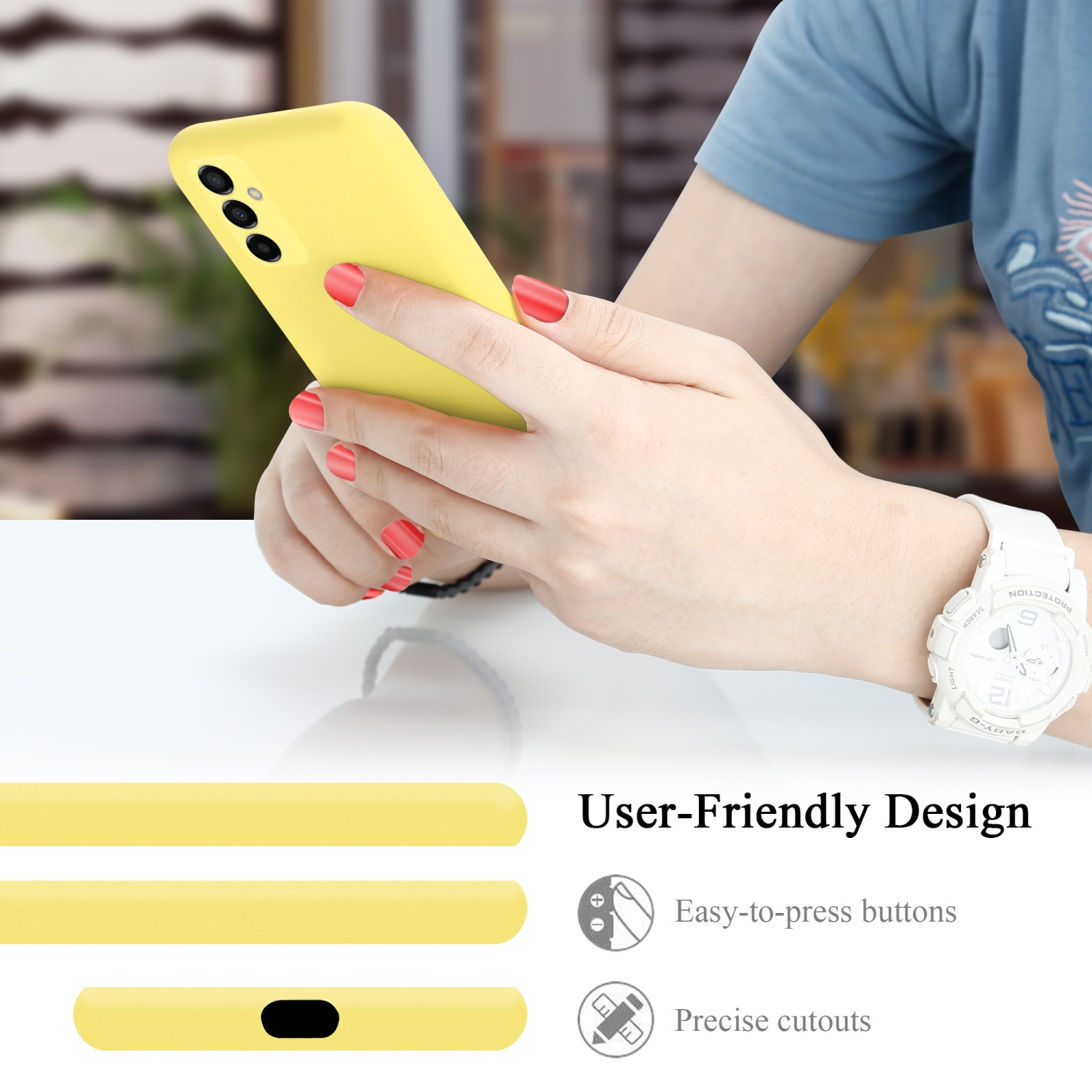 Una custodia per telefono gialla con un telefono giallo all'interno. Il testo evidenzia i pulsanti facili da premere e i ritagli precisi.