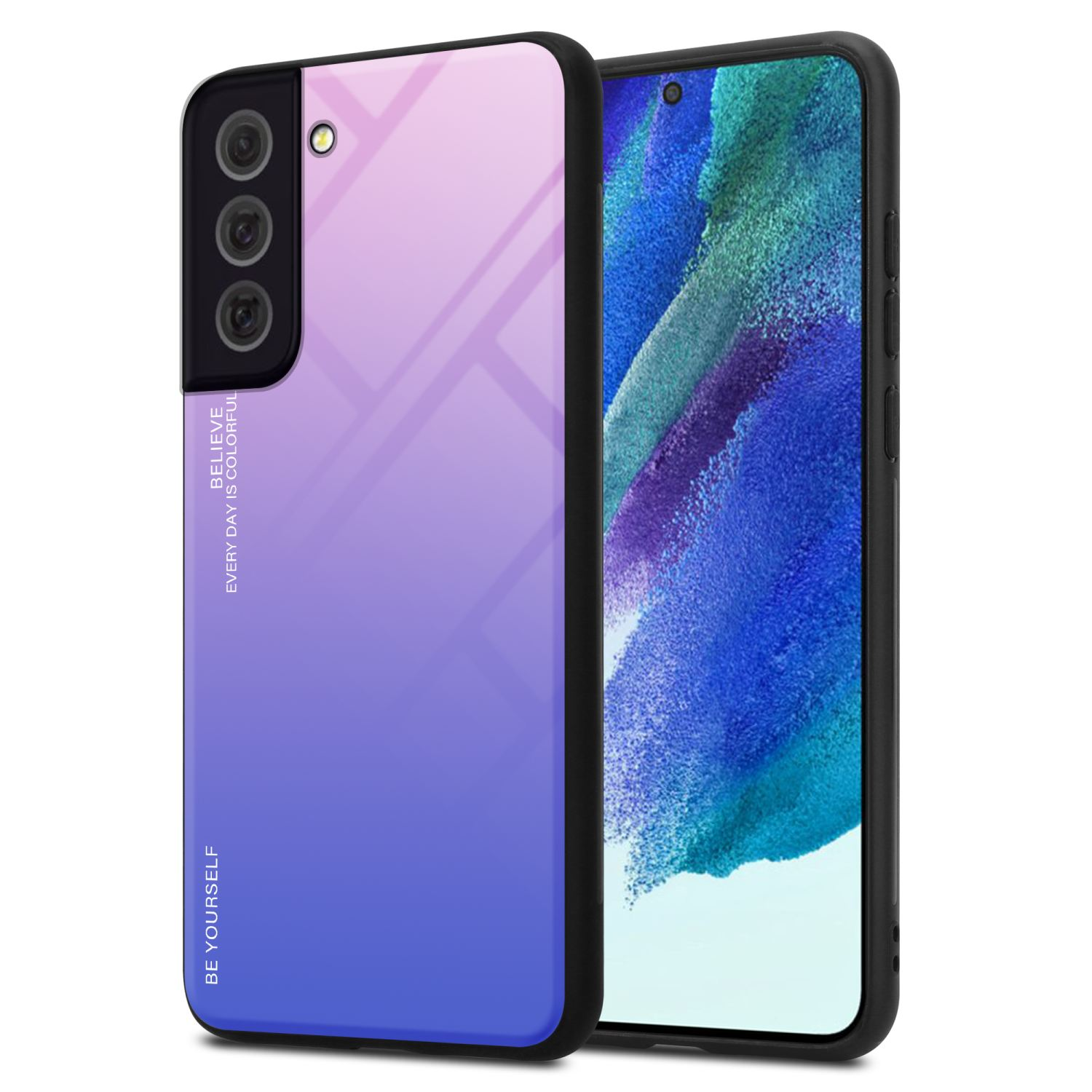Ein Telefon mit einer lila-blauen Farbverlaufshülle liegt neben einem schwarzen Telefon.