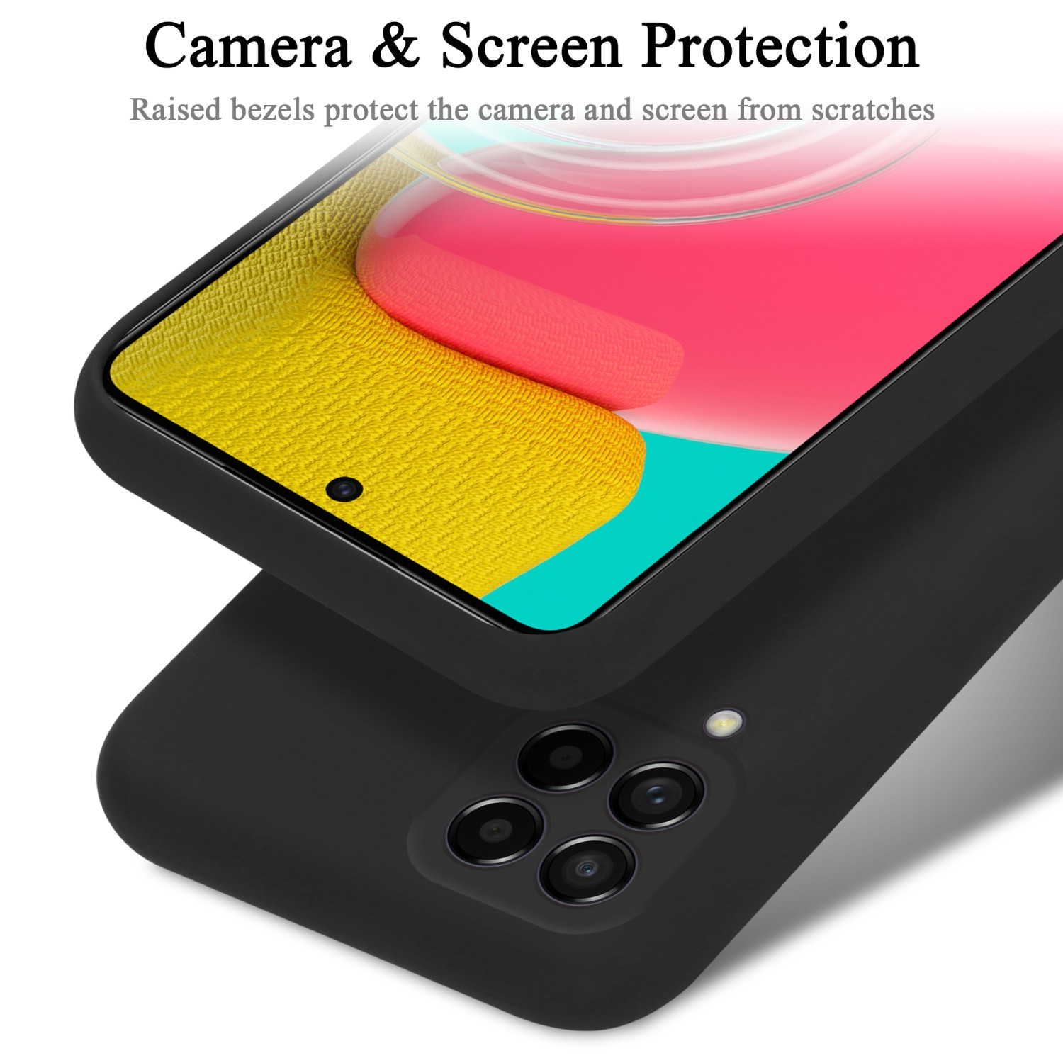 Custodia nera con telefono. Lo schermo è visibile. Il testo dice 'Protezione fotocamera e schermo'.