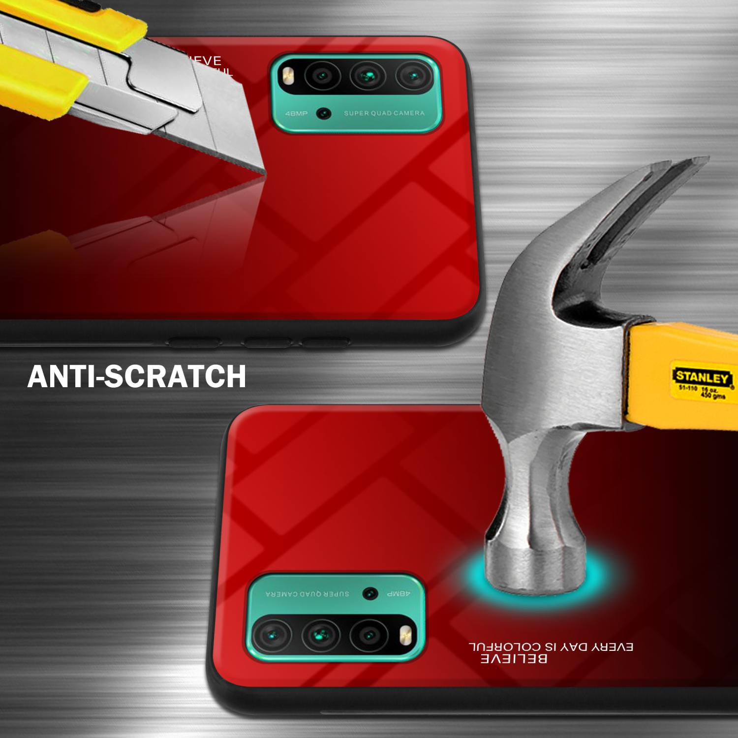 Una custodia per telefono con superficie rossa viene tagliata con un coltello. Si legge 'Anti-scratch'.