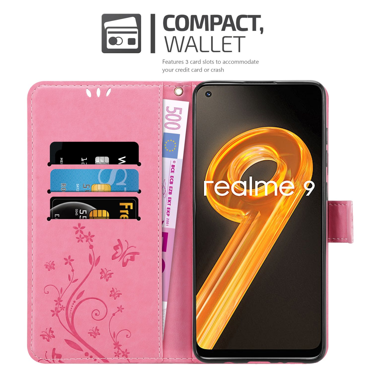 Custodia rosa con carte e denaro. Il telefono mostra Realme 9.