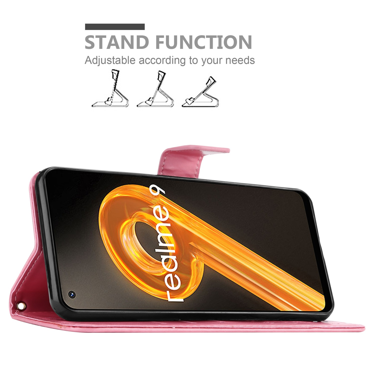 Telefono in una custodia rosa. Il testo recita 'Stand Function'.