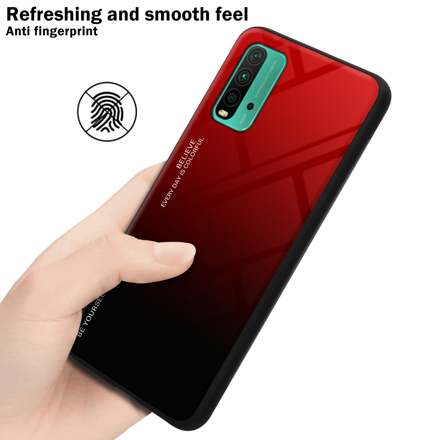 Telefono con retro sfumato rosso e nero. Mano che tiene il telefono. Icona dell'impronta digitale. Testo sensazione rinfrescante e liscia.
