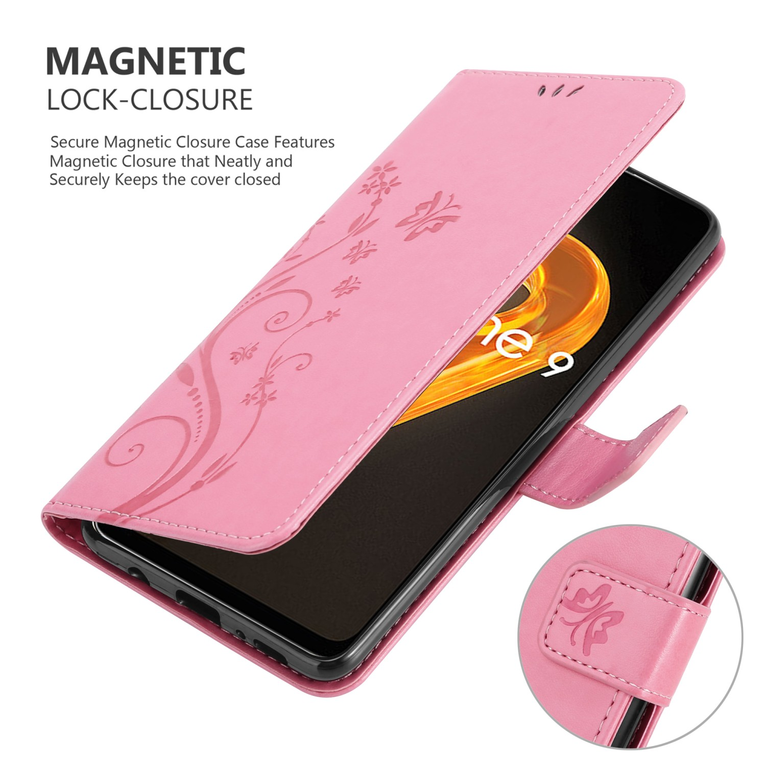 Custodia rosa con telefono, design floreale e chiusura magnetica.