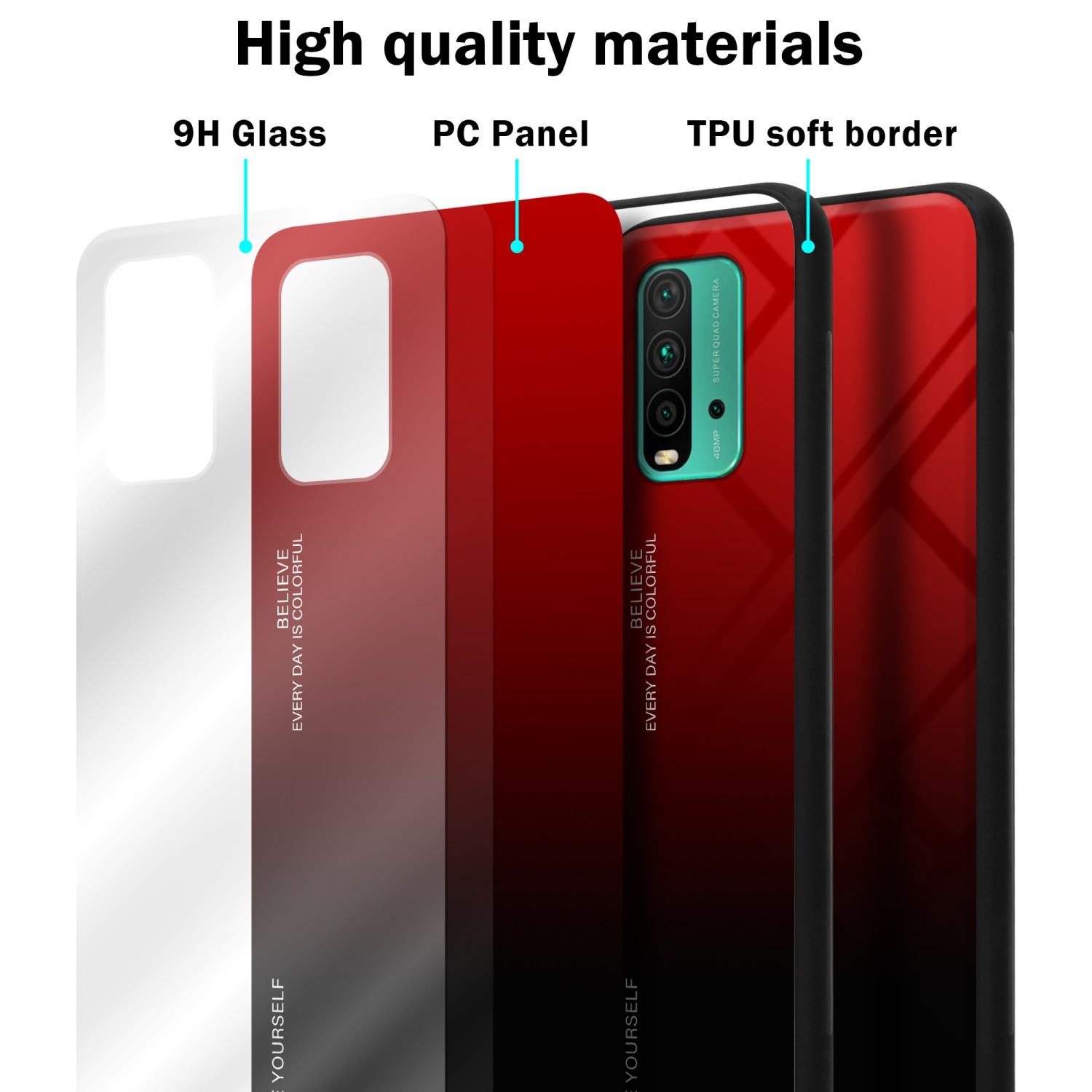 Materiali della custodia del telefono a strati. Vetro 9H, pannello PC, bordo morbido in TPU. La custodia è colorata.