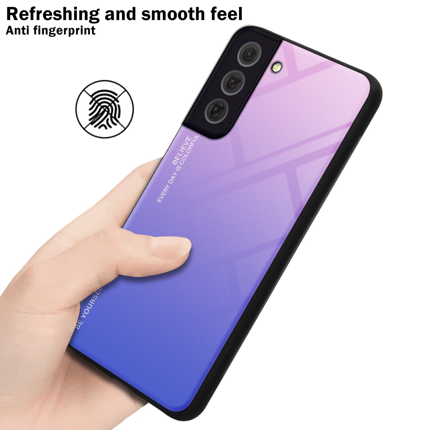 Hand hält ein Gradienten-Telefon. Fingerabdruck-Symbol sichtbar. Text sagt erfrischendes und glattes Gefühl, Anti-Fingerabdruck.