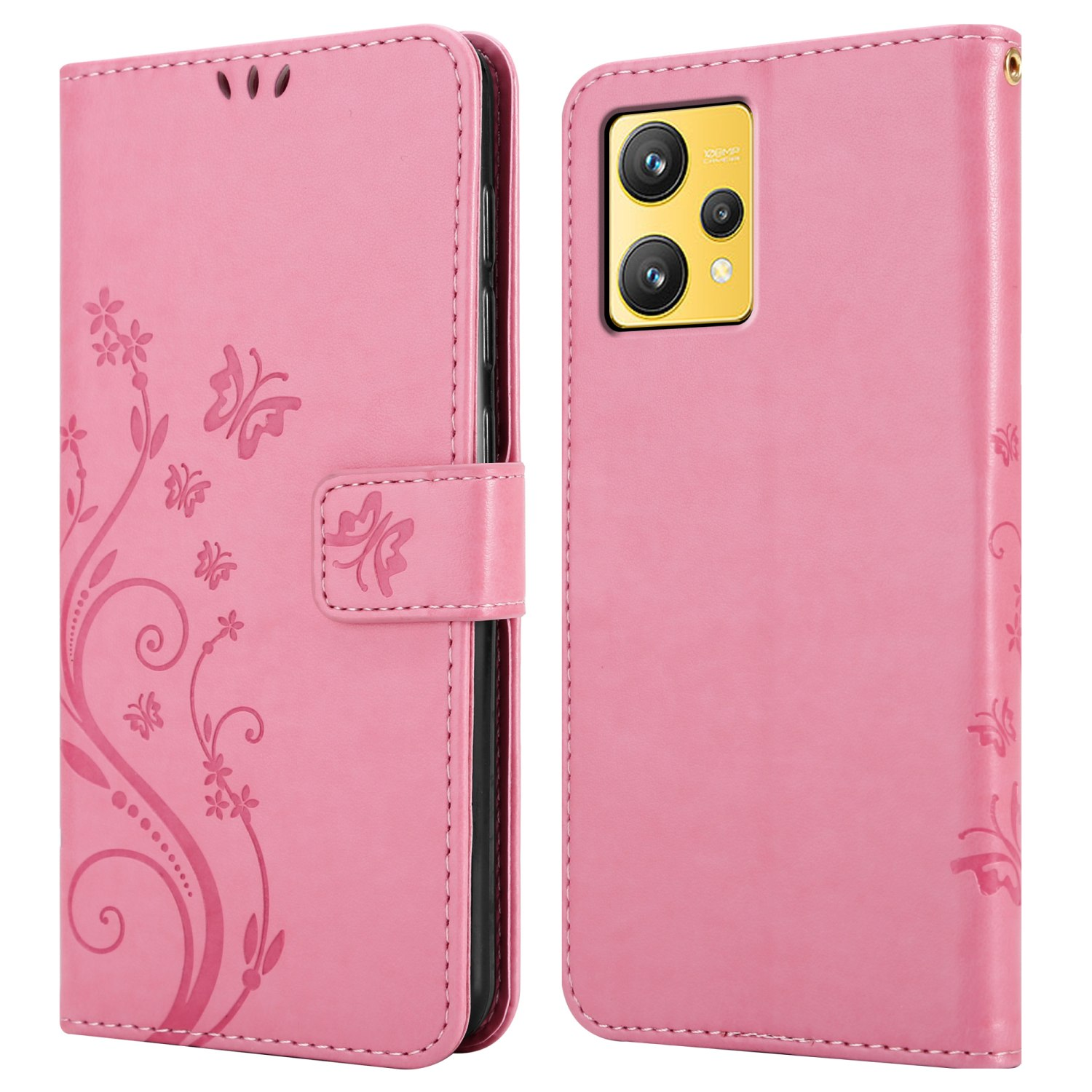 Custodia per telefono rosa aperta e chiusa. La custodia chiusa mostra un telefono. Design floreale a sinistra.