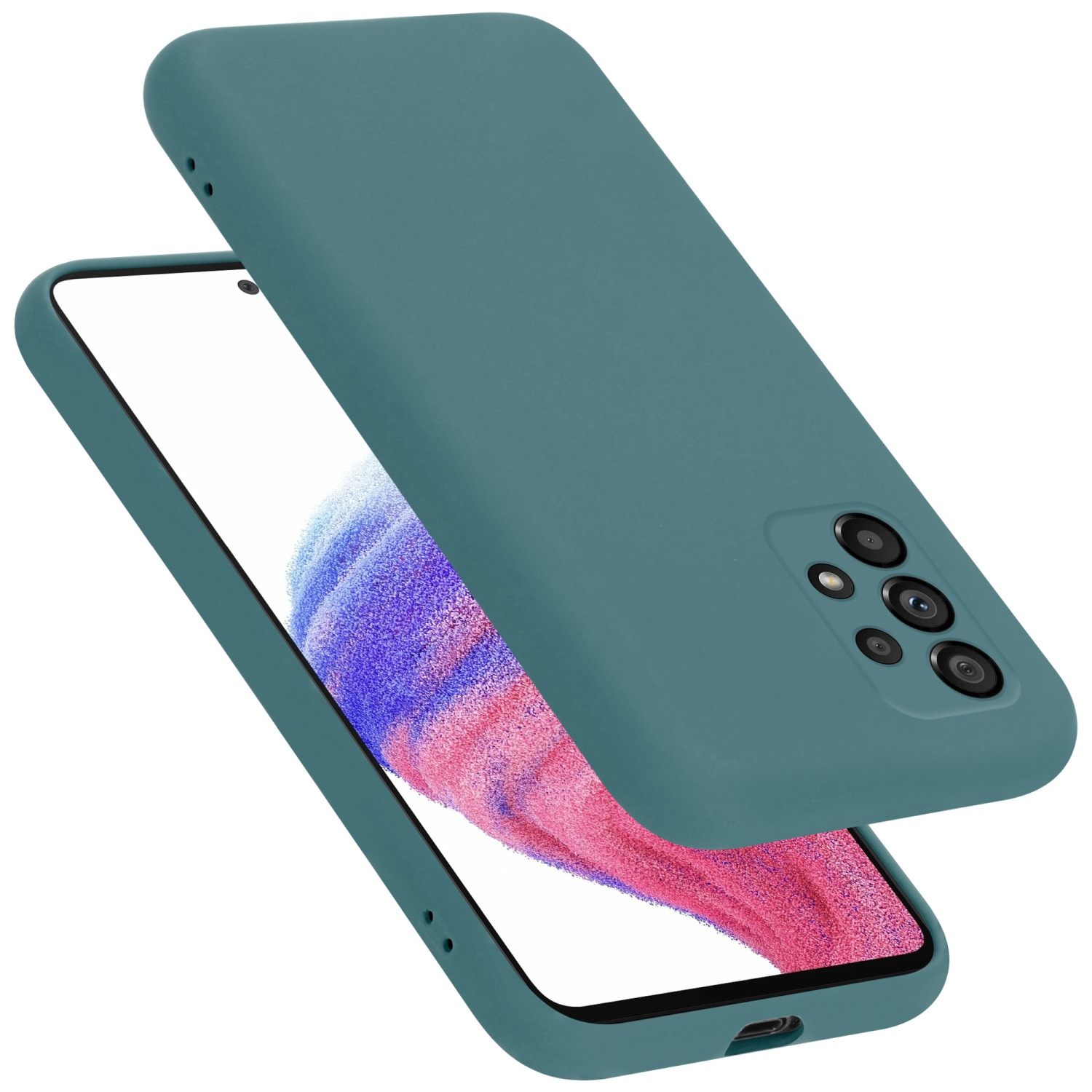Türkis Handyhülle mit Telefon. Das Telefon befindet sich in der Hülle. Eine andere Hülle ist dahinter.